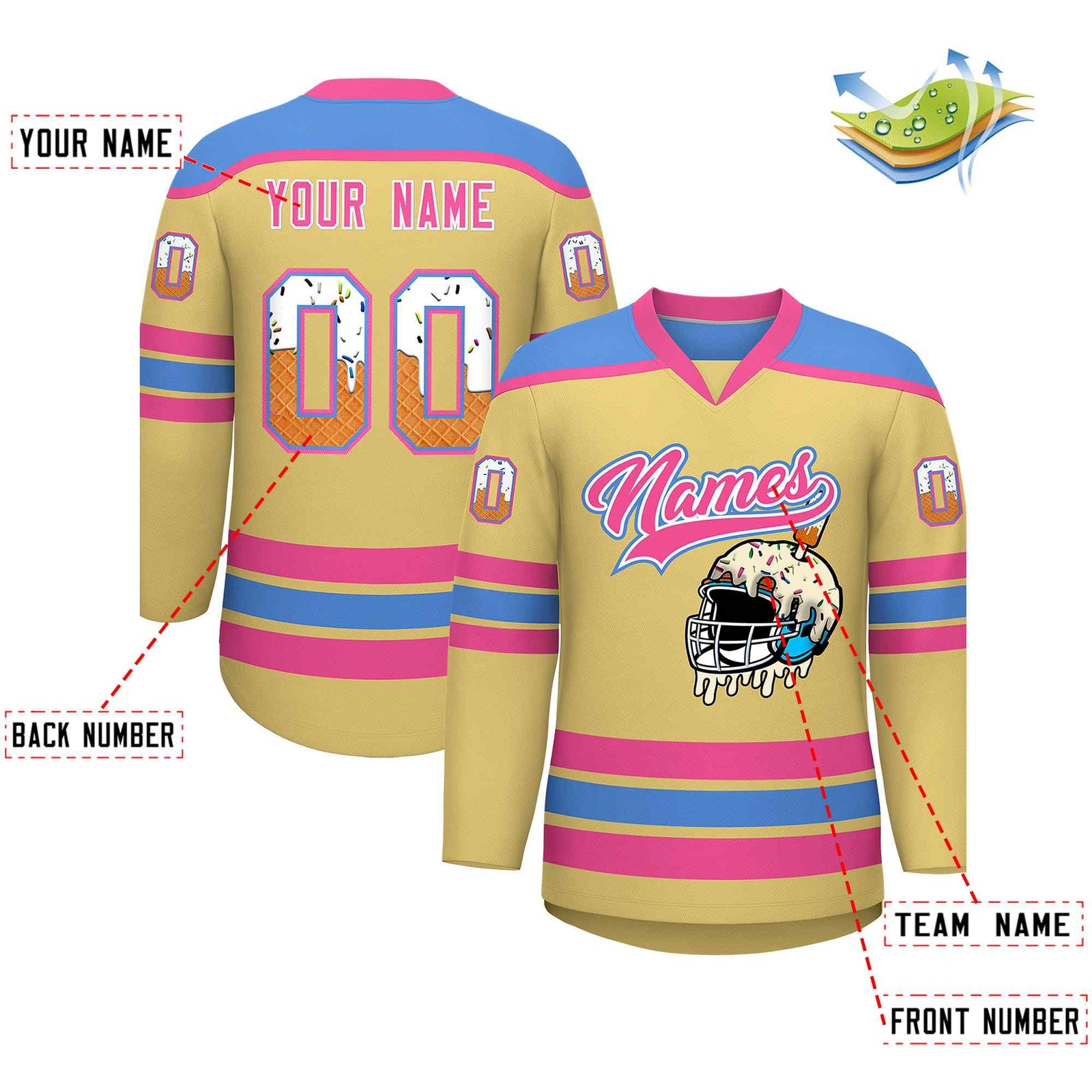 Custom Khaki Powder Blue Ice Cream Helmet Pattern Personalized V-Neck Hockey Jersey
