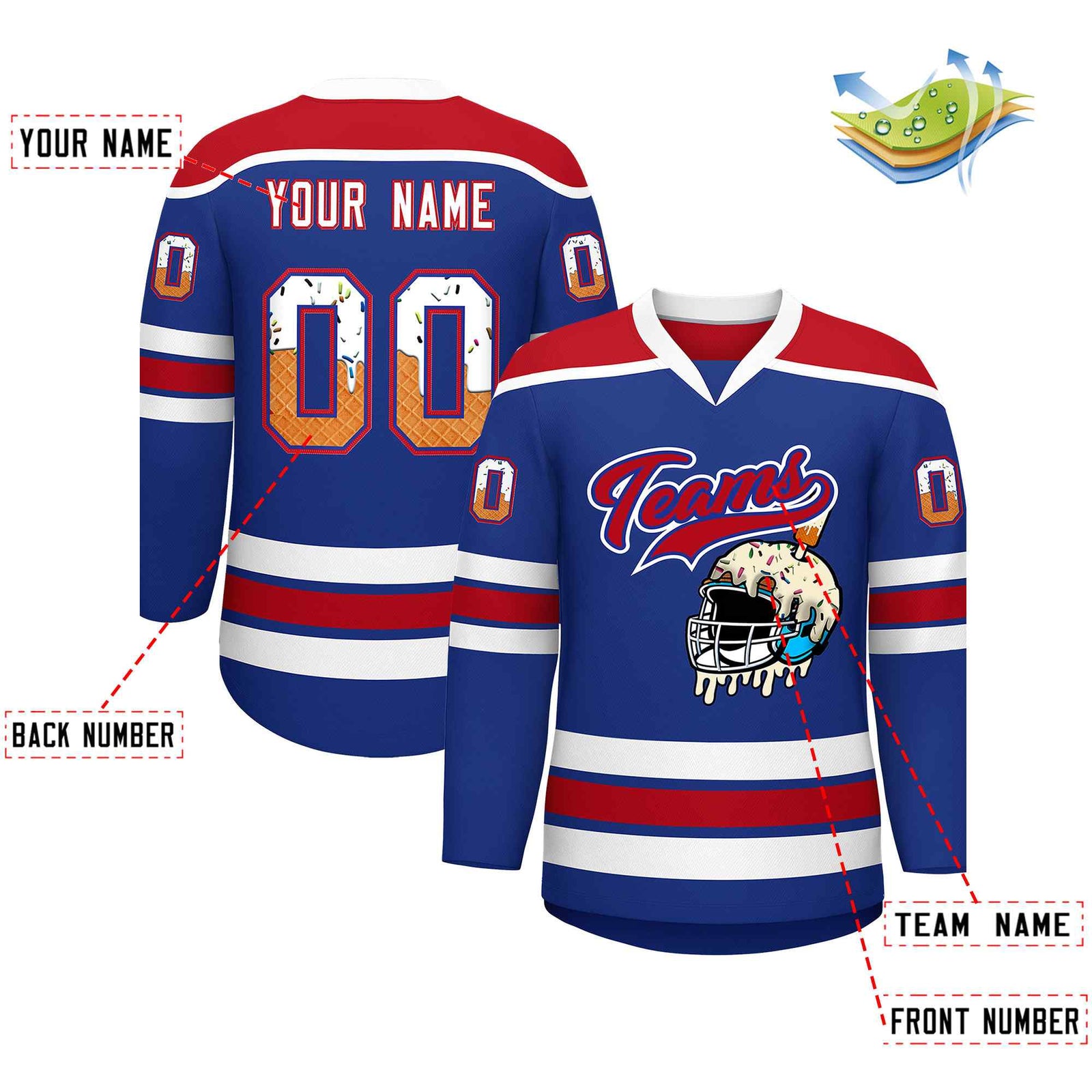 Custom Royal Blue Red Ice Cream Helmet Pattern Personalized V-Neck Hockey Jersey
