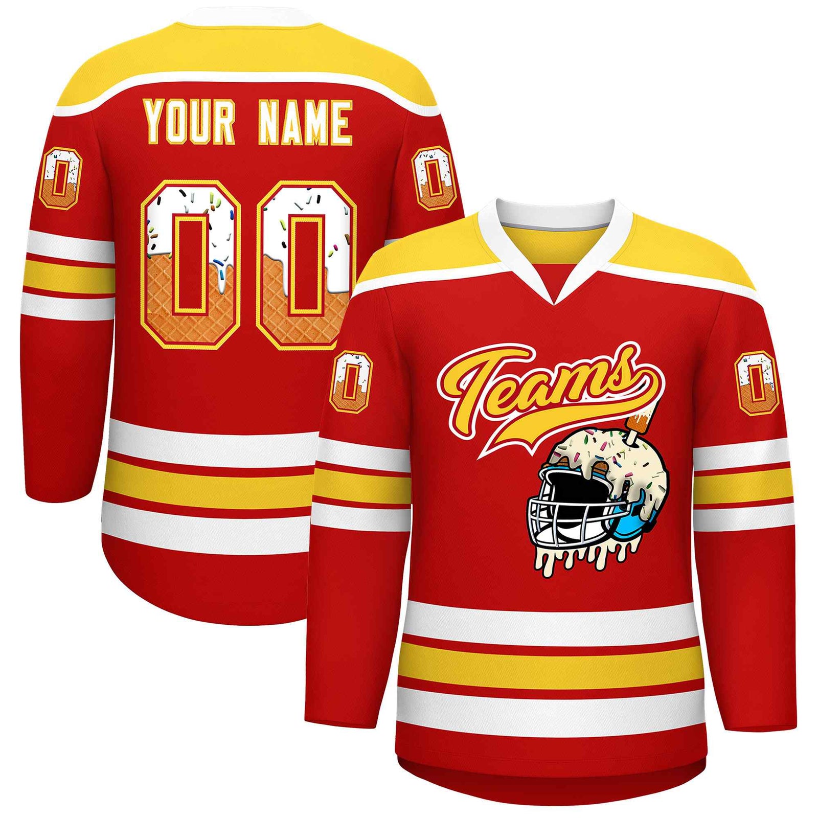 Custom Red Gold Ice Cream Helmet Pattern Personalized V-Neck Hockey Jersey