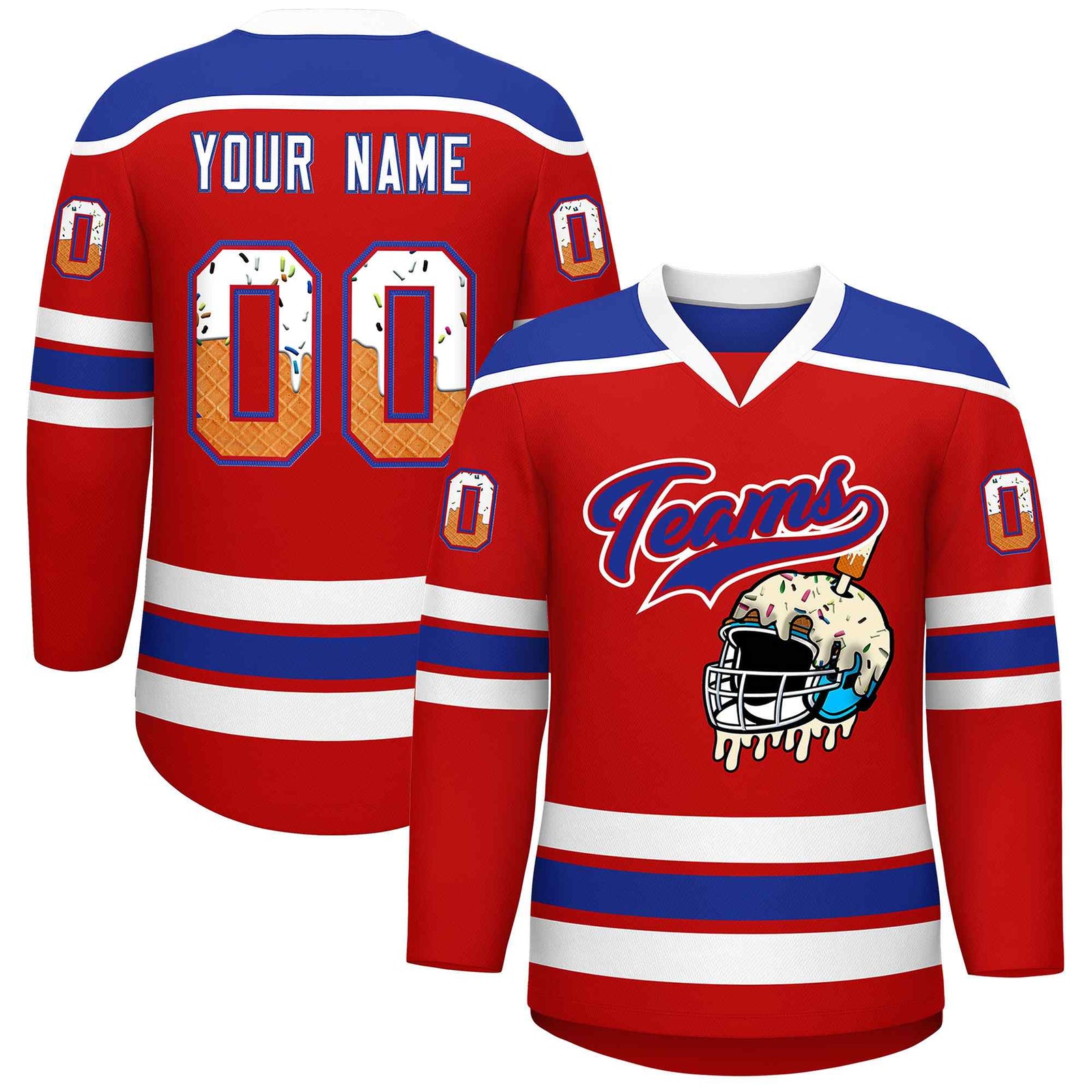 Custom Red Royal Blue Ice Cream Helmet Pattern Personalized V-Neck Hockey Jersey