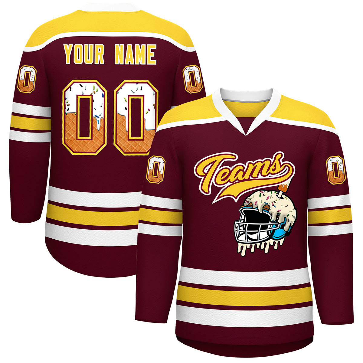 Custom Crimson Gold Ice Cream Helmet Pattern Personalized V-Neck Hockey Jersey