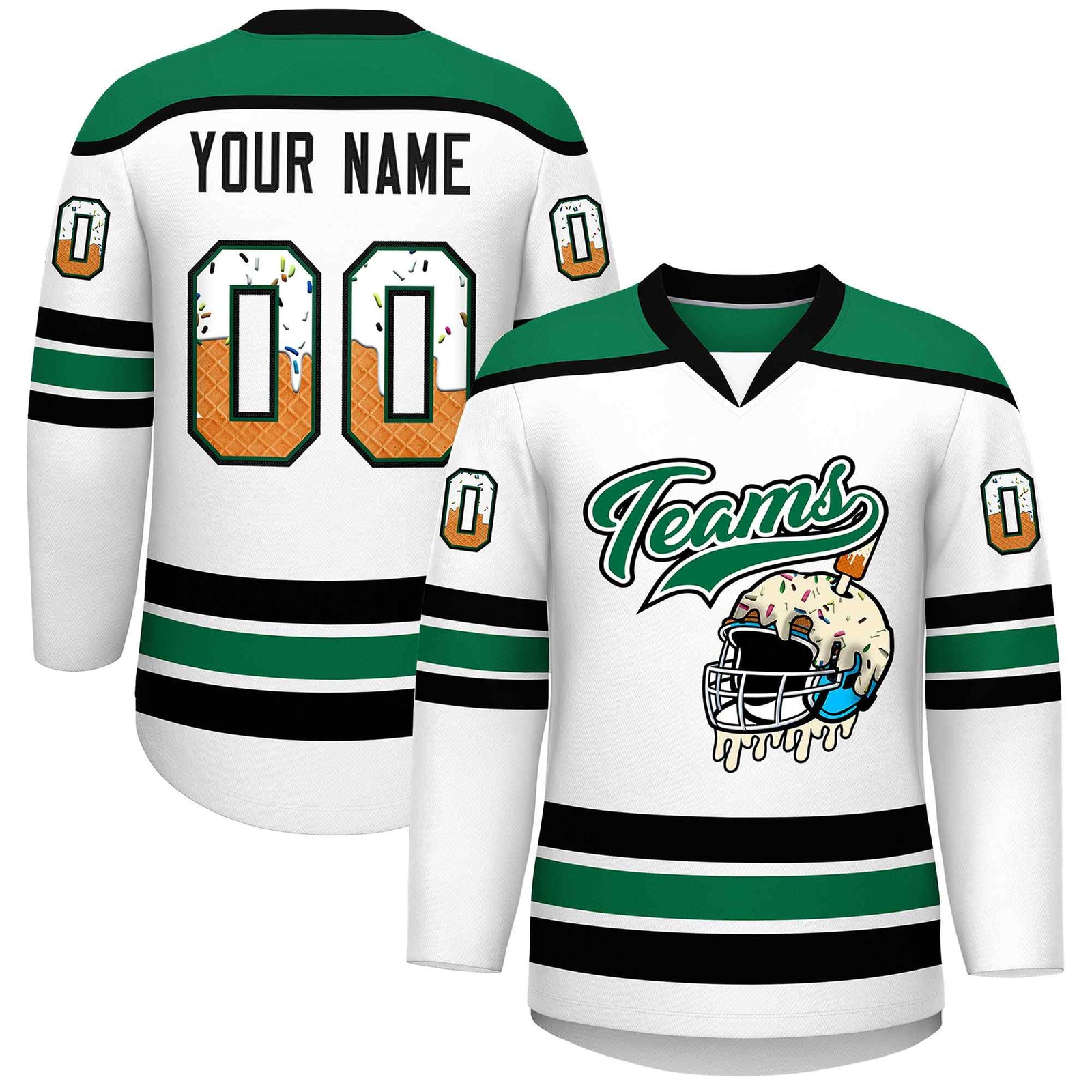 Custom White Kelly Green Ice Cream Helmet Pattern Personalized V-Neck Hockey Jersey