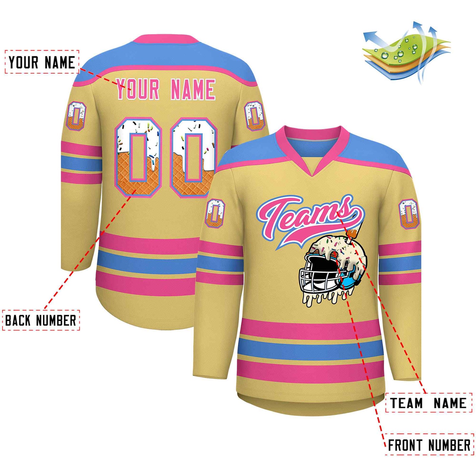 Custom Khaki Powder Blue Ice Cream Helmet Pattern Personalized V-Neck Hockey Jersey