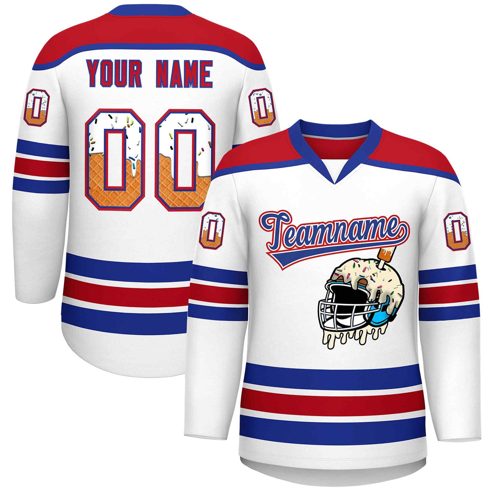 Custom White Royal Blue Ice Cream Helmet Pattern Personalized V-Neck Hockey Jersey| KXKSHOP