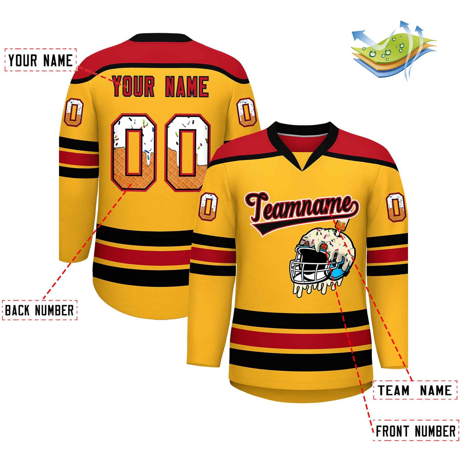 Custom Yellow Red Ice Cream Helmet Pattern Personalized V-Neck Hockey Jersey| KXKSHOP