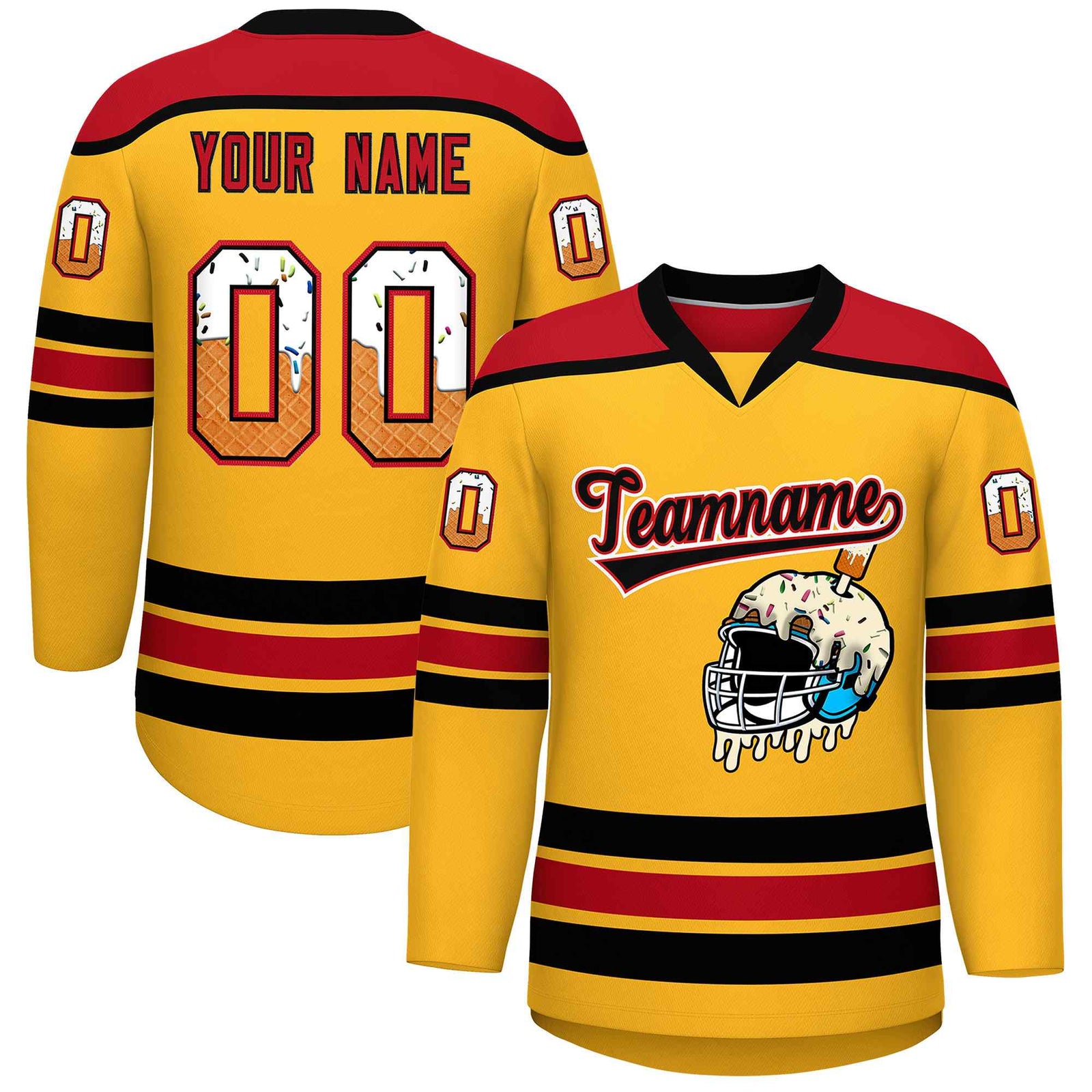 Custom Yellow Red Ice Cream Helmet Pattern Personalized V-Neck Hockey Jersey| KXKSHOP