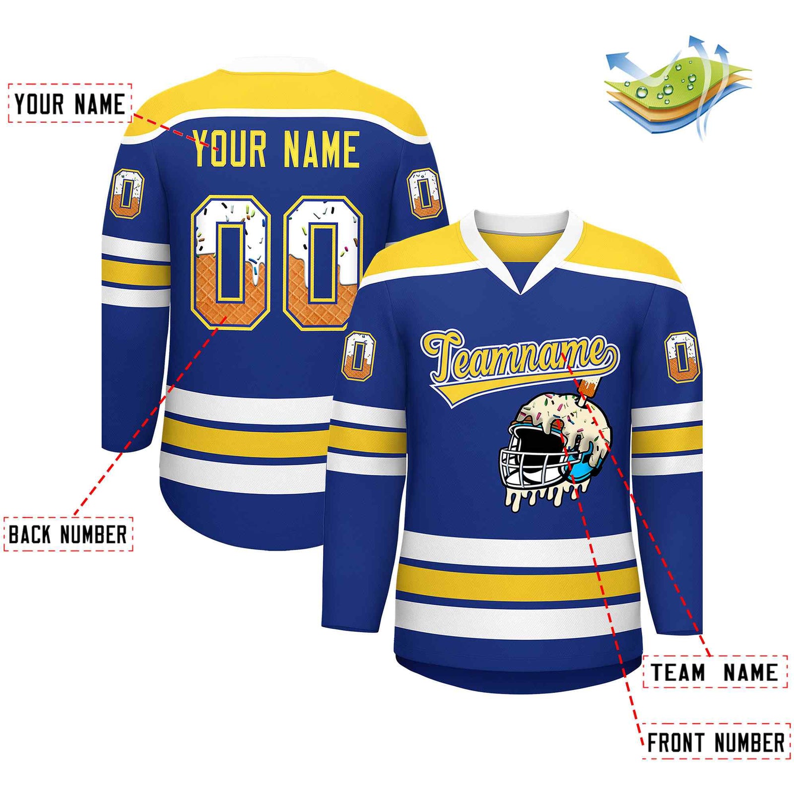 Custom Royal Blue Gold Ice Cream Helmet Pattern Personalized V-Neck Hockey Jersey| KXKSHOP