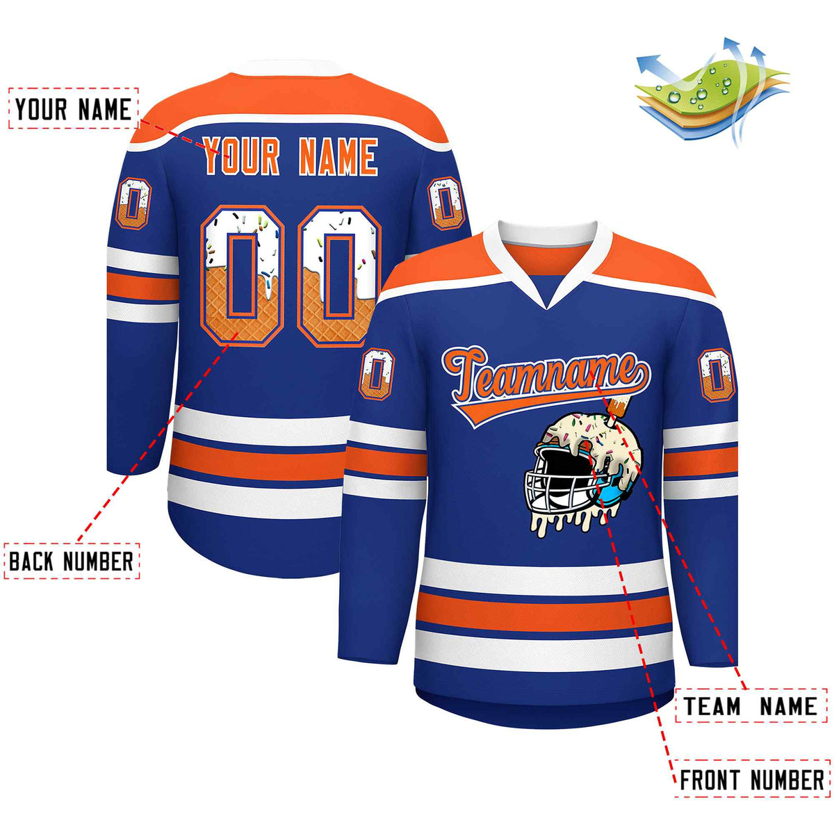 Custom Royal Blue Orange Ice Cream Helmet Pattern Personalized V-Neck Hockey Jersey| KXKSHOP
