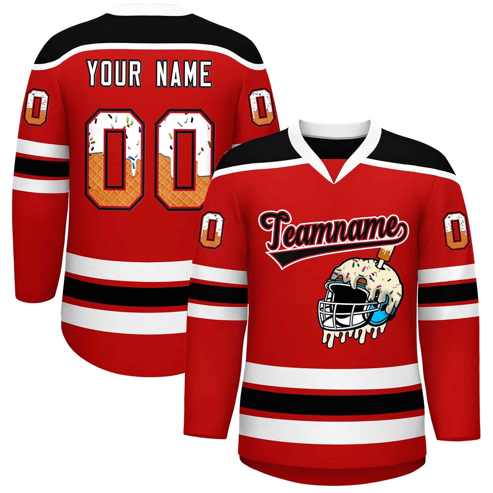 Custom Red White Ice Cream Helmet Pattern Personalized V-Neck Hockey Jersey| KXKSHOP