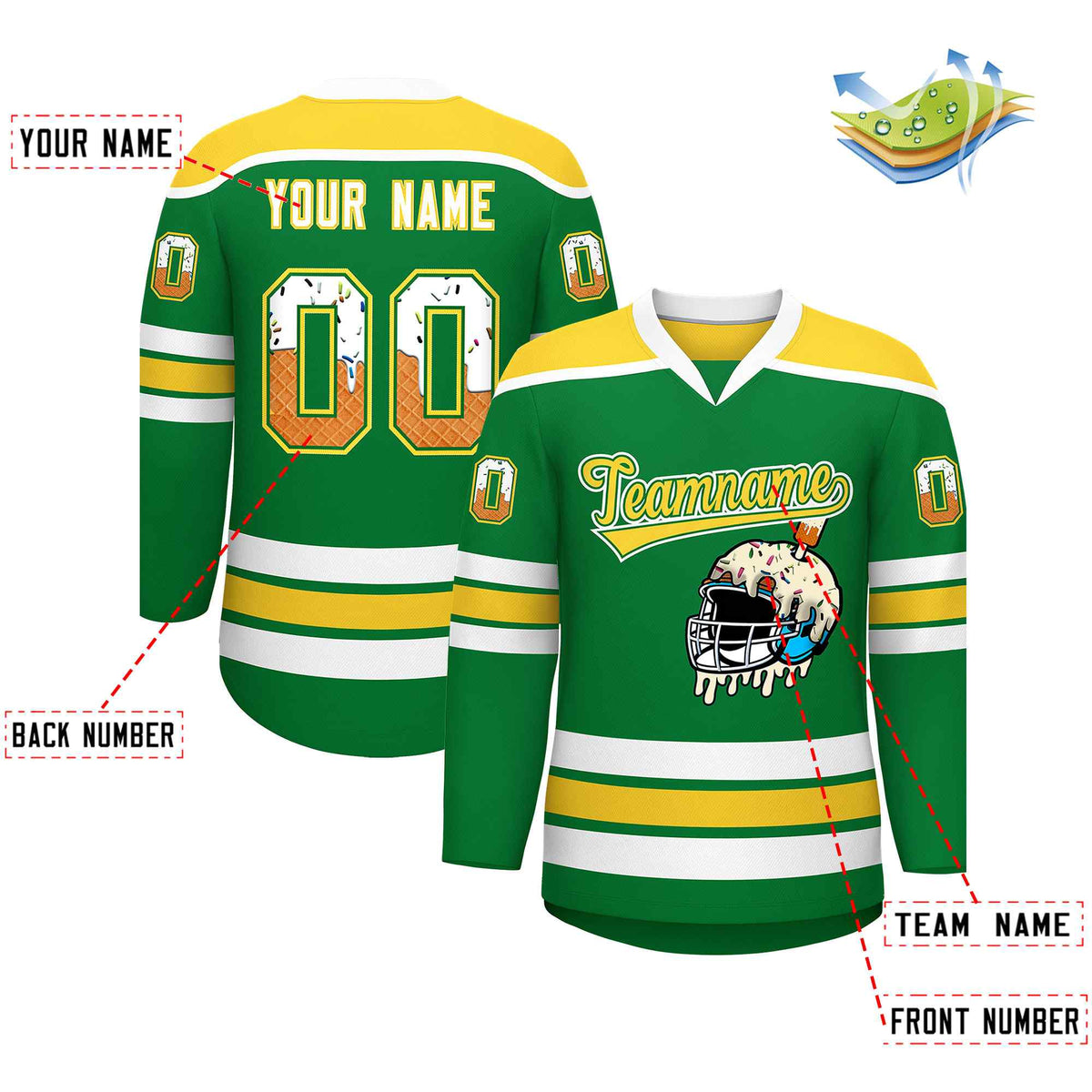 Custom Kelly Green Gold Ice Cream Helmet Pattern Personalized V-Neck Hockey Jersey| KXKSHOP