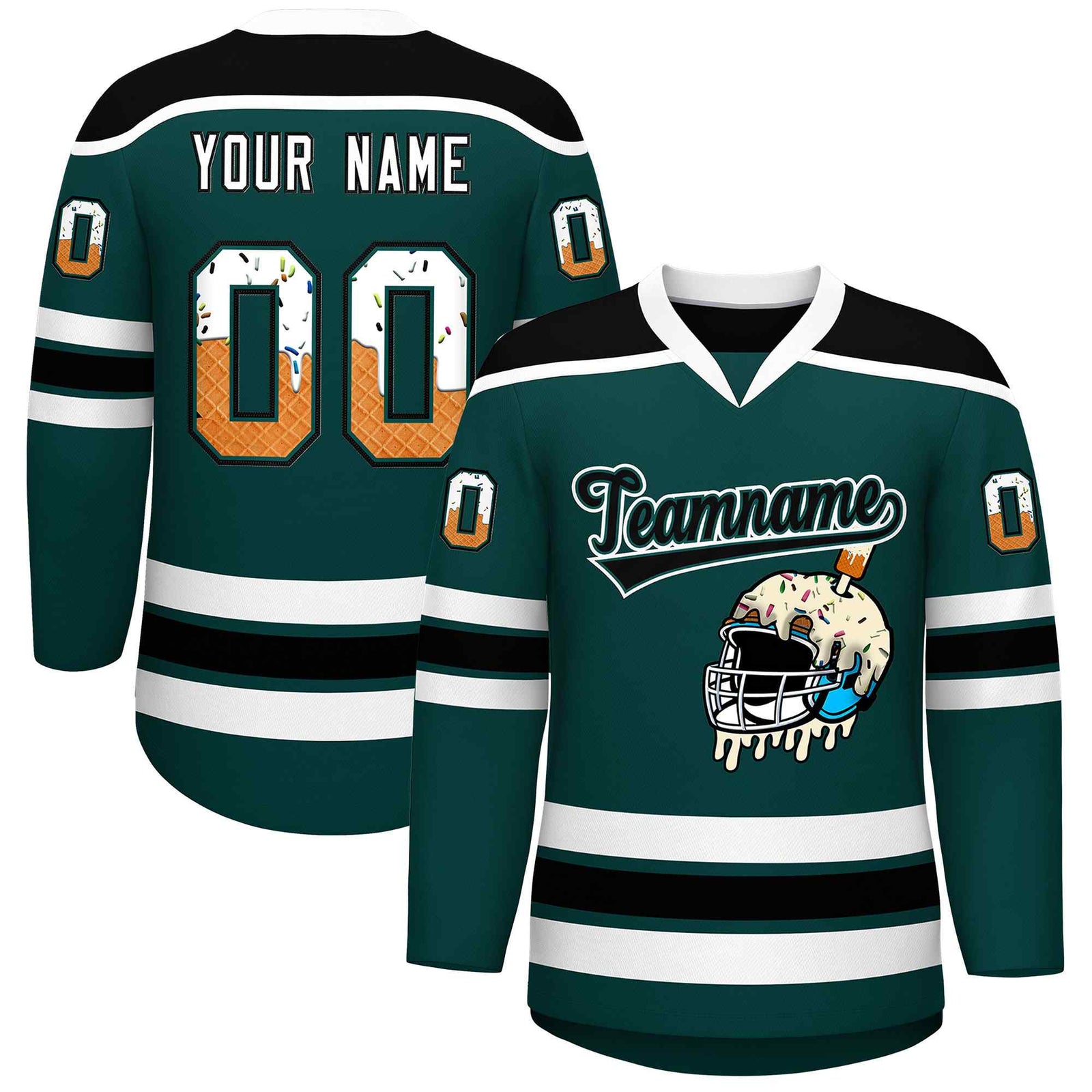 Custom Midnight Green Black Ice Cream Helmet Pattern Personalized V-Neck Hockey Jersey| KXKSHOP