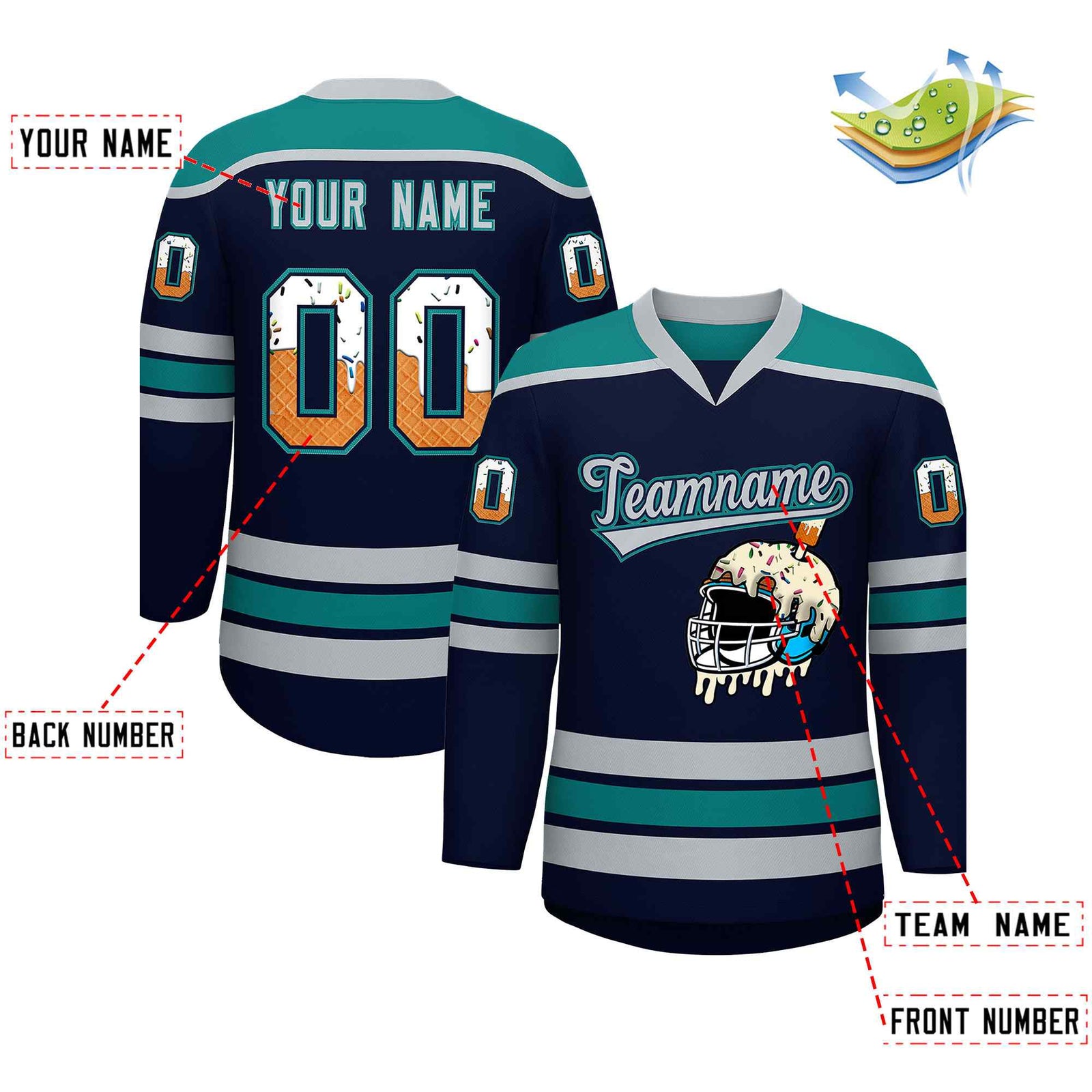 Custom Navy Teal Ice Cream Helmet Pattern Personalized V-Neck Hockey Jersey| KXKSHOP