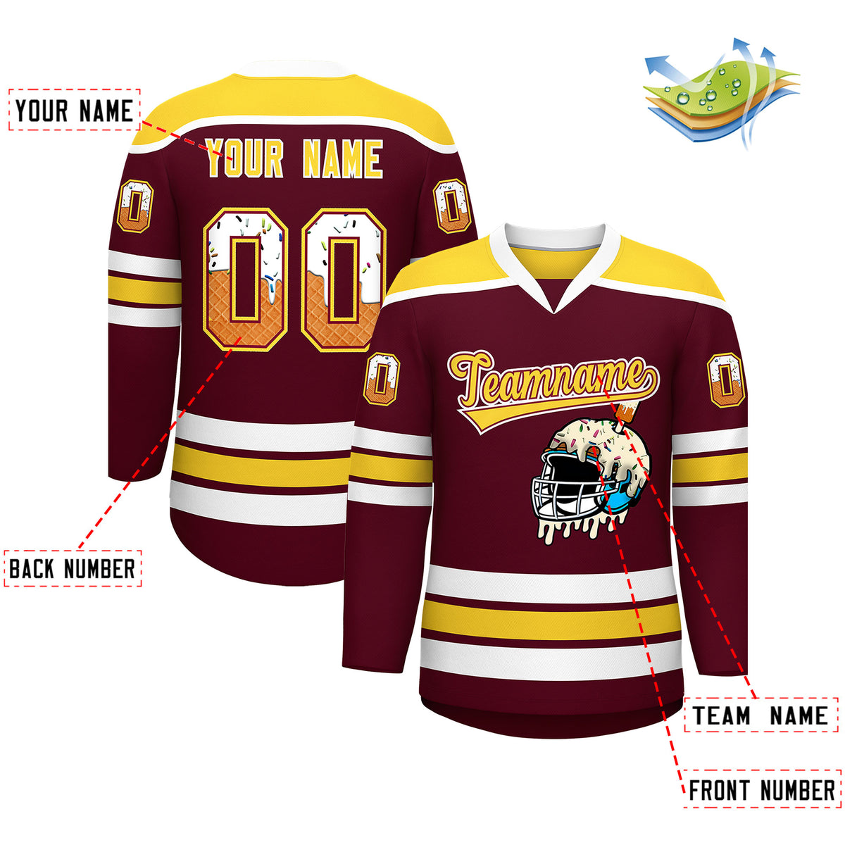 Custom Crimson Gold Ice Cream Helmet Pattern Personalized V-Neck Hockey Jersey| KXKSHOP