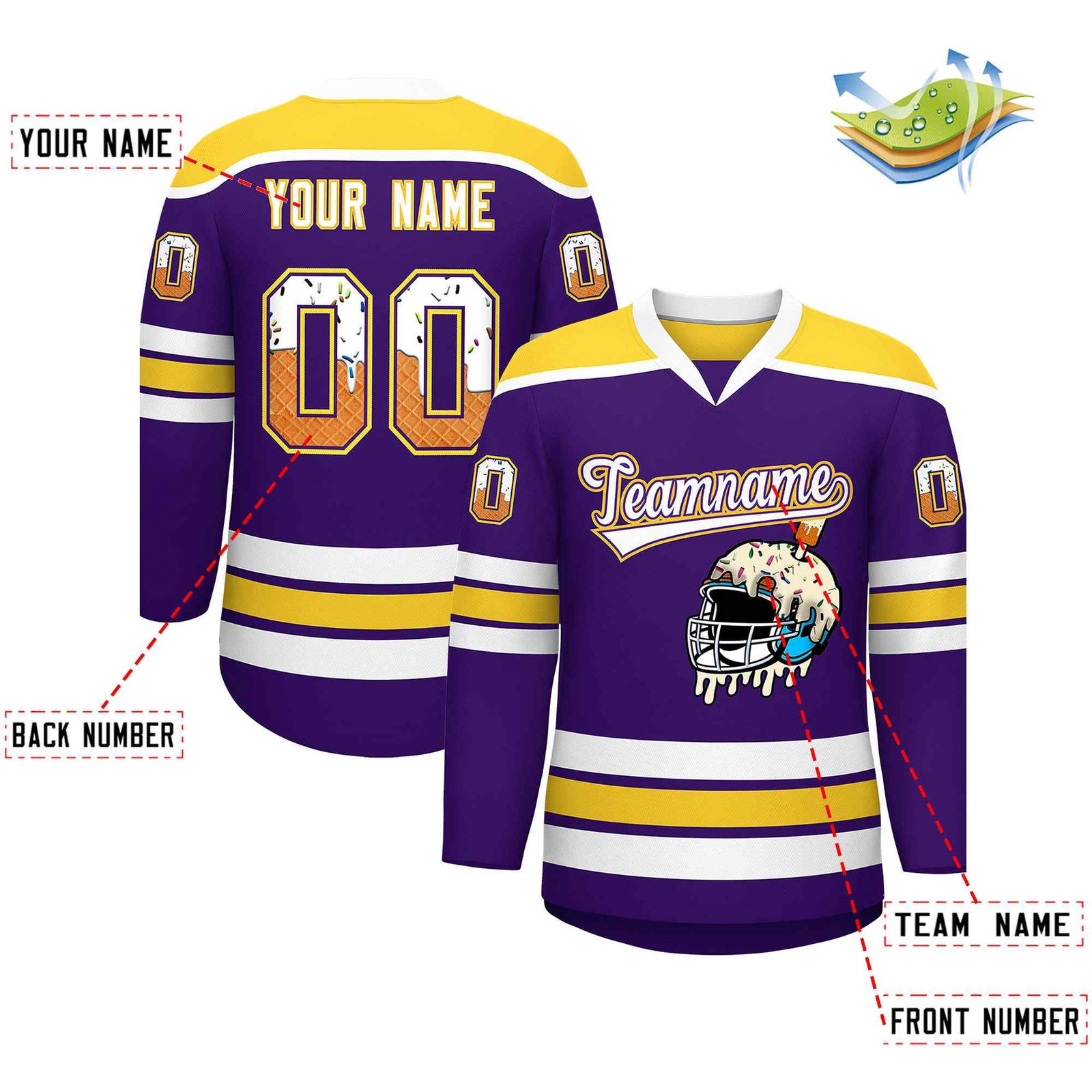 Custom Purple Gold Ice Cream Helmet Pattern Personalized V-Neck Hockey Jersey| KXKSHOP
