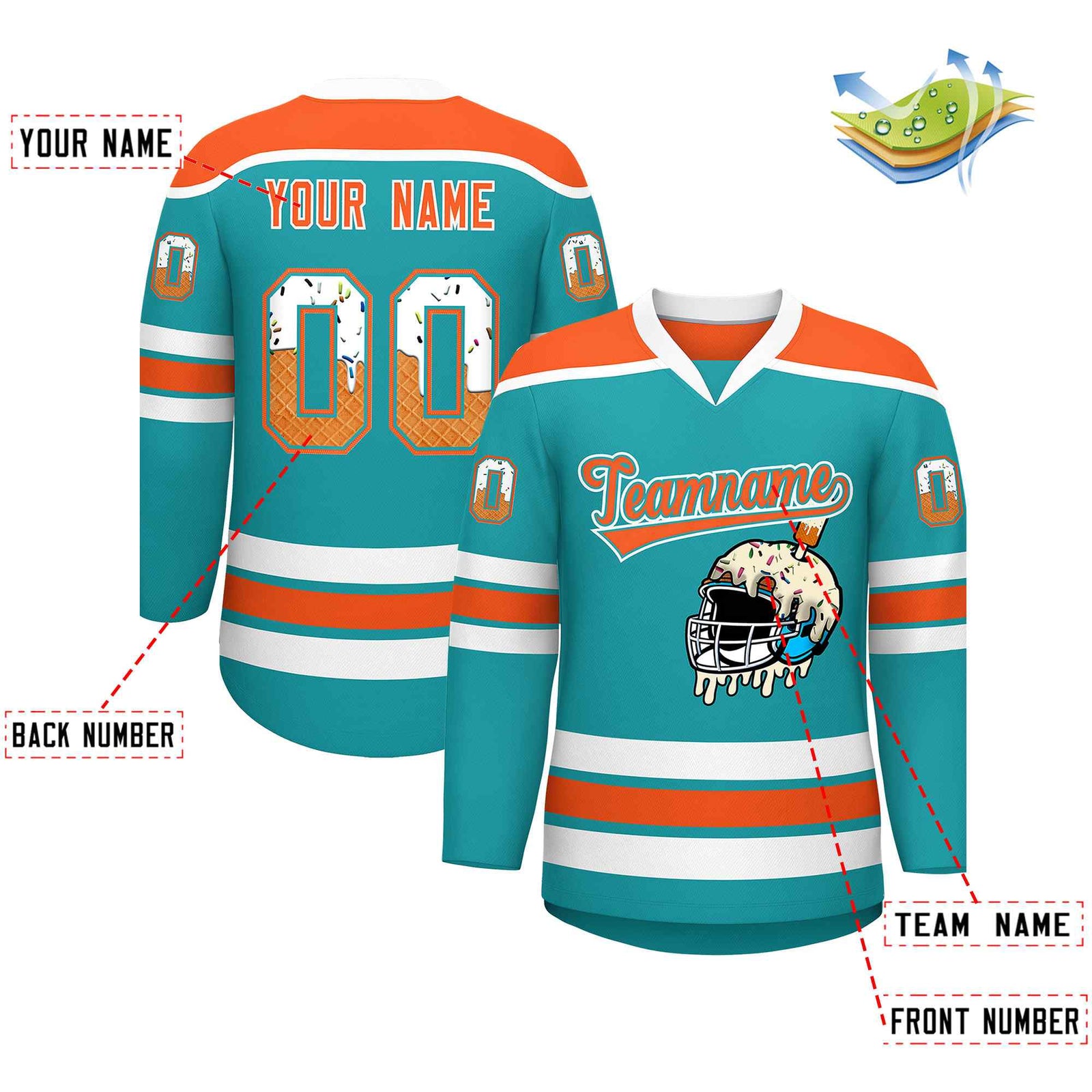 Custom Aqua Orange Ice Cream Helmet Pattern Personalized V-Neck Hockey Jersey| KXKSHOP