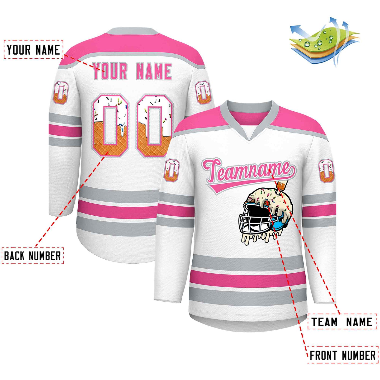 Custom White Pink Ice Cream Helmet Pattern Personalized V-Neck Hockey Jersey| KXKSHOP