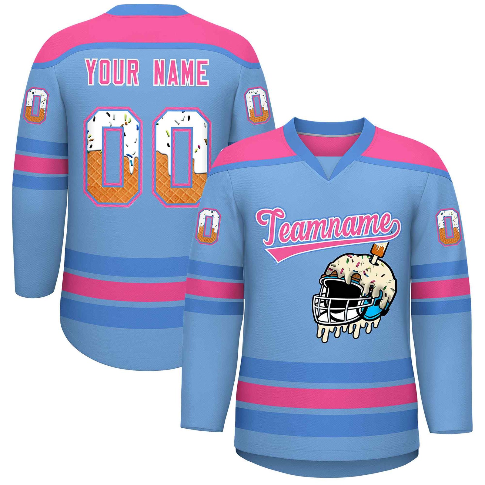 Custom Light Blue Pink Ice Cream Helmet Pattern Personalized V-Neck Hockey Jersey| KXKSHOP