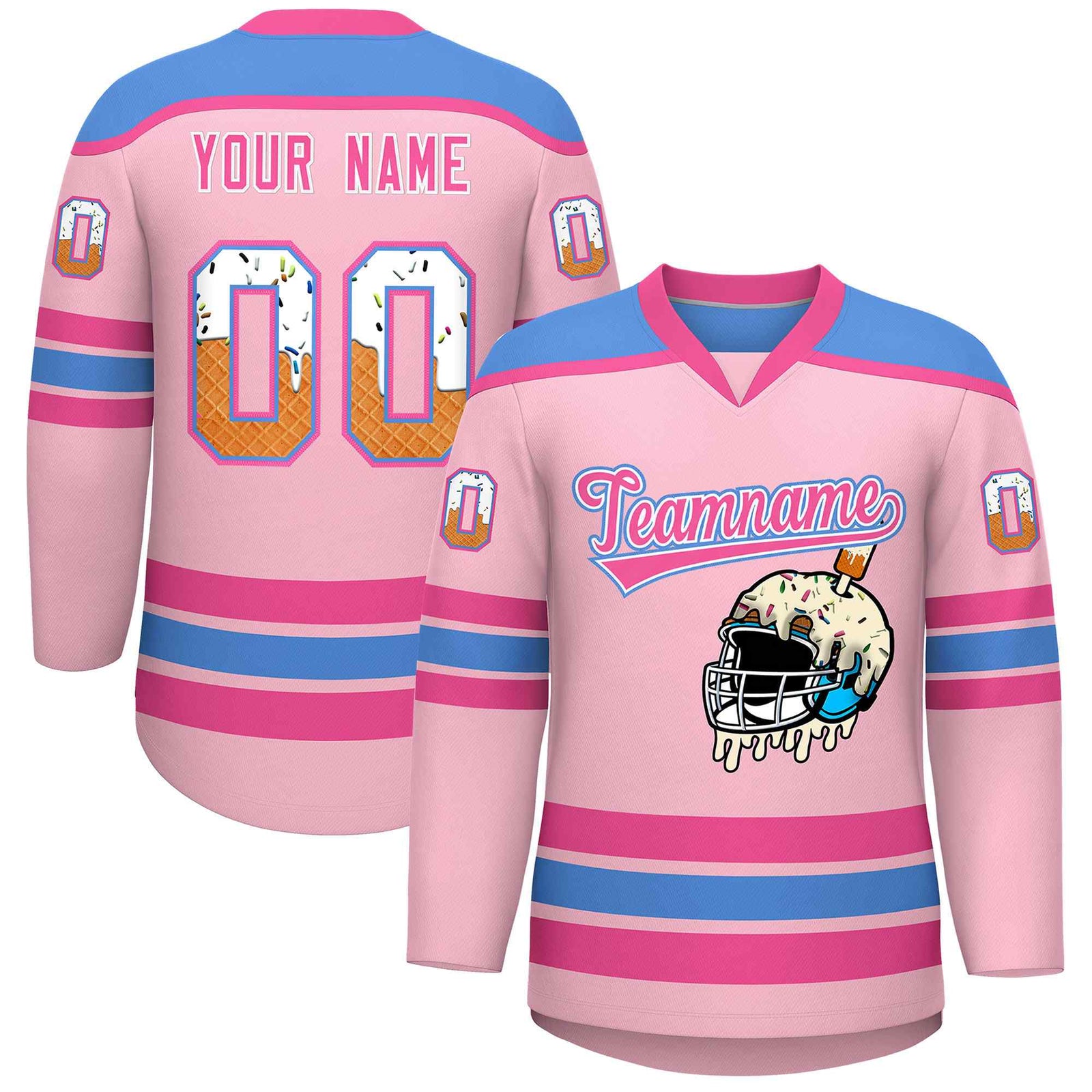 Custom Light Pink Powder Blue Ice Cream Helmet Pattern Personalized V-Neck Hockey Jersey| KXKSHOP