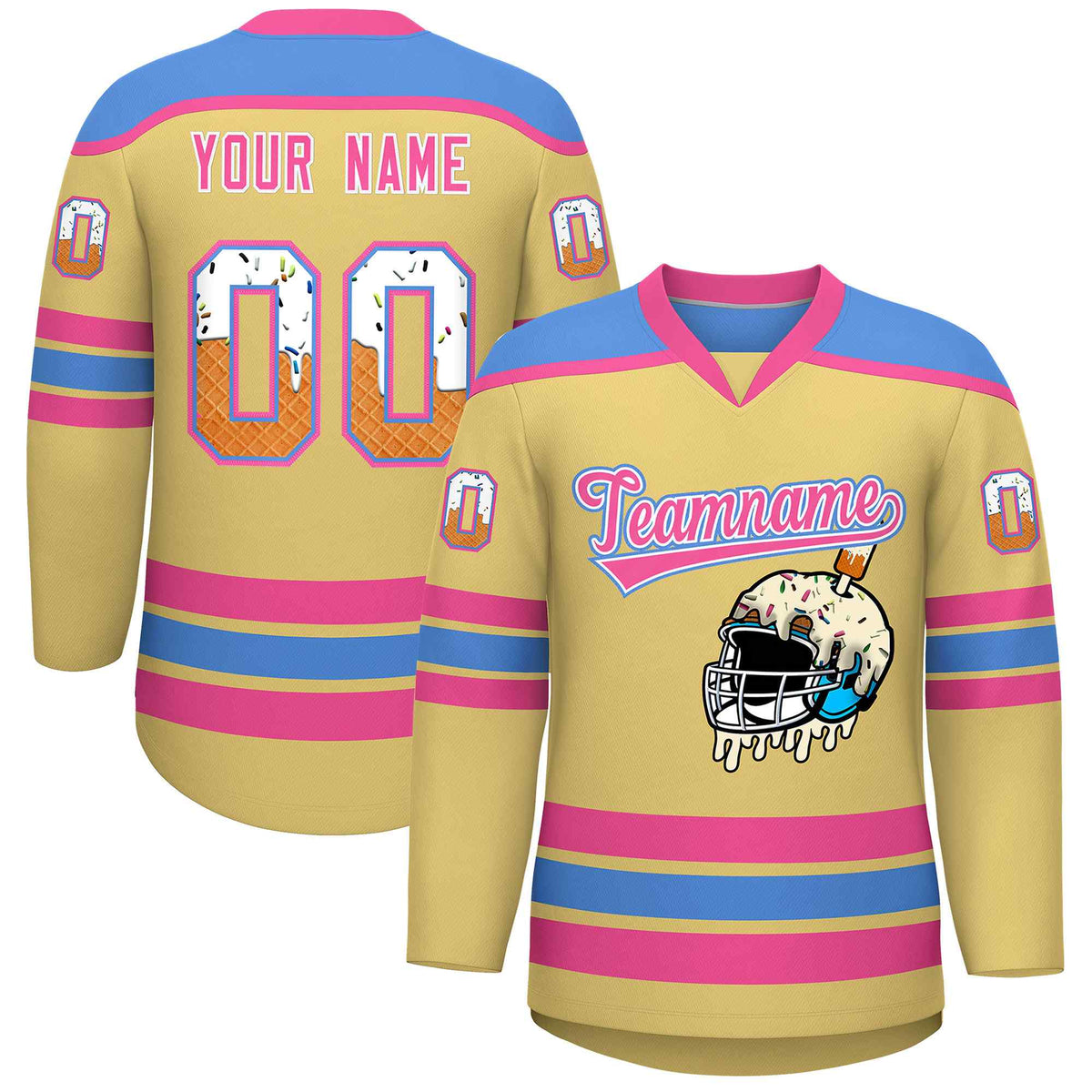 Custom Khaki Powder Blue Ice Cream Helmet Pattern Personalized V-Neck Hockey Jersey| KXKSHOP