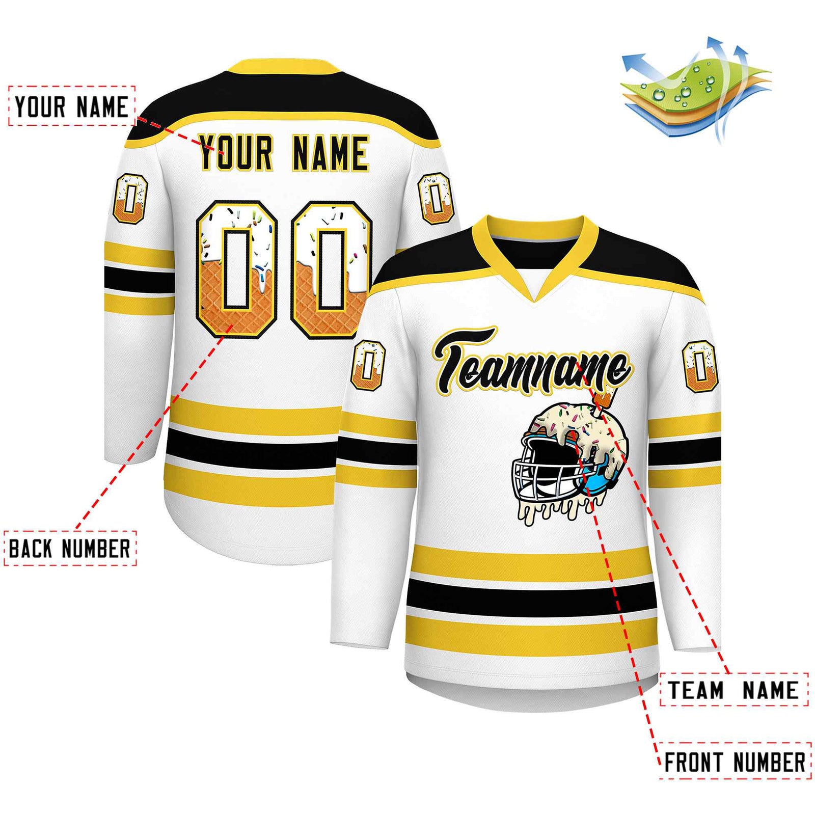 Custom White Gold Ice Cream Helmet Pattern Personalized V-Neck Hockey Jersey