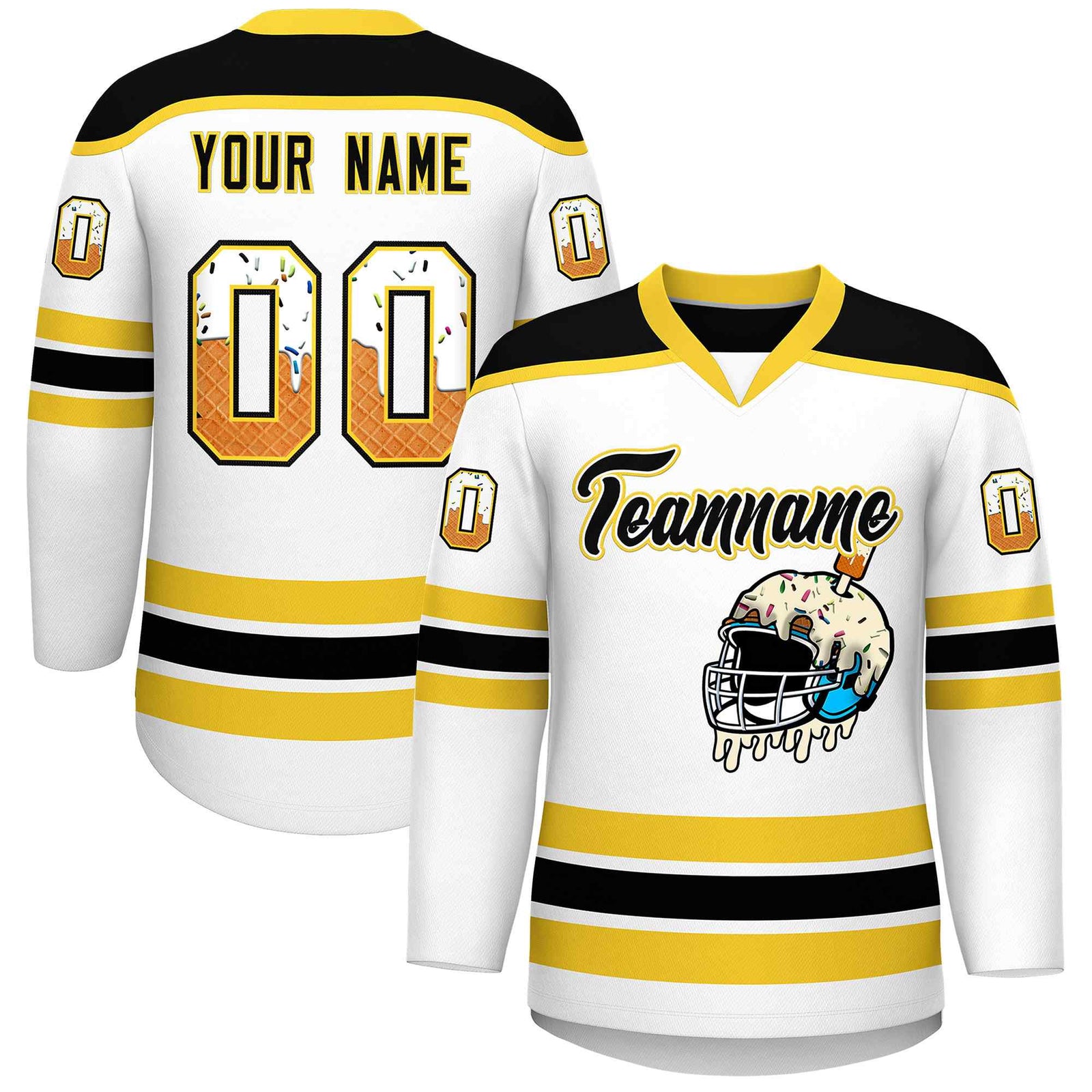 Custom White Gold Ice Cream Helmet Pattern Personalized V-Neck Hockey Jersey