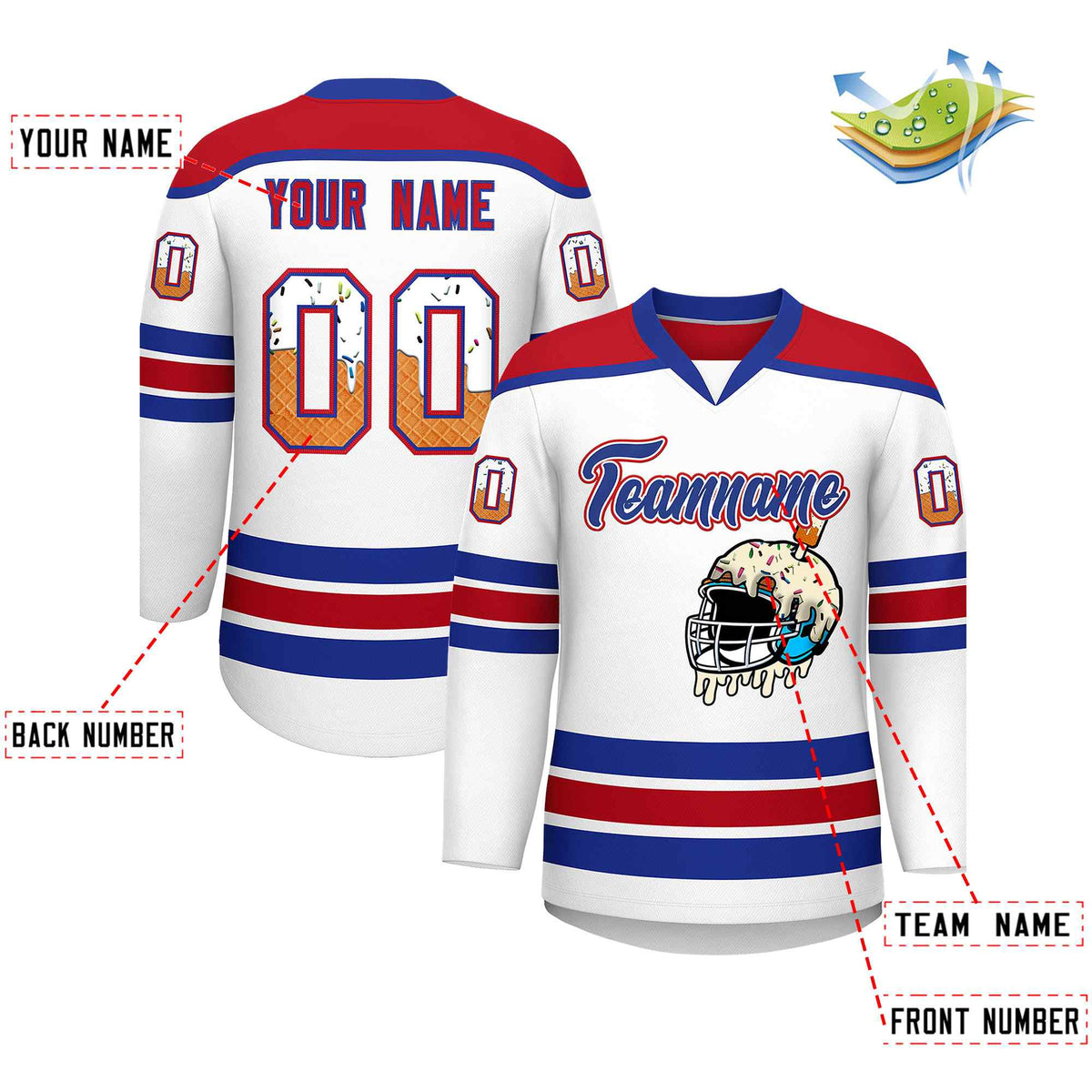 Custom White Royal Blue Ice Cream Helmet Pattern Personalized V-Neck Hockey Jersey
