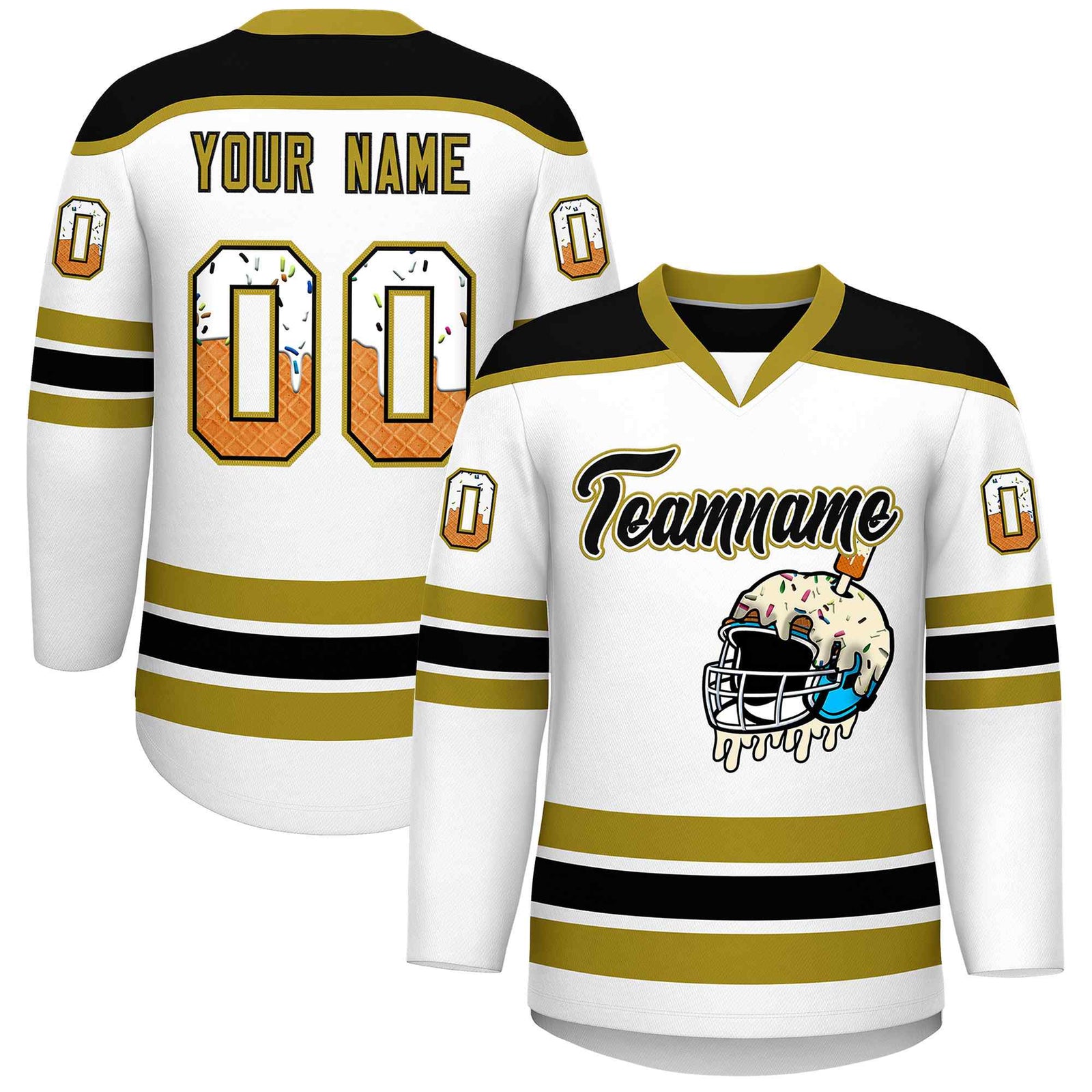 Custom White Old Gold Ice Cream Helmet Pattern Personalized V-Neck Hockey Jersey