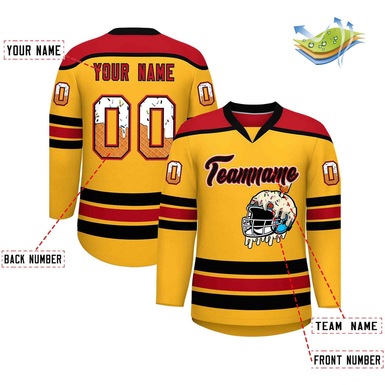Custom Yellow Red Ice Cream Helmet Pattern Personalized V-Neck Hockey Jersey