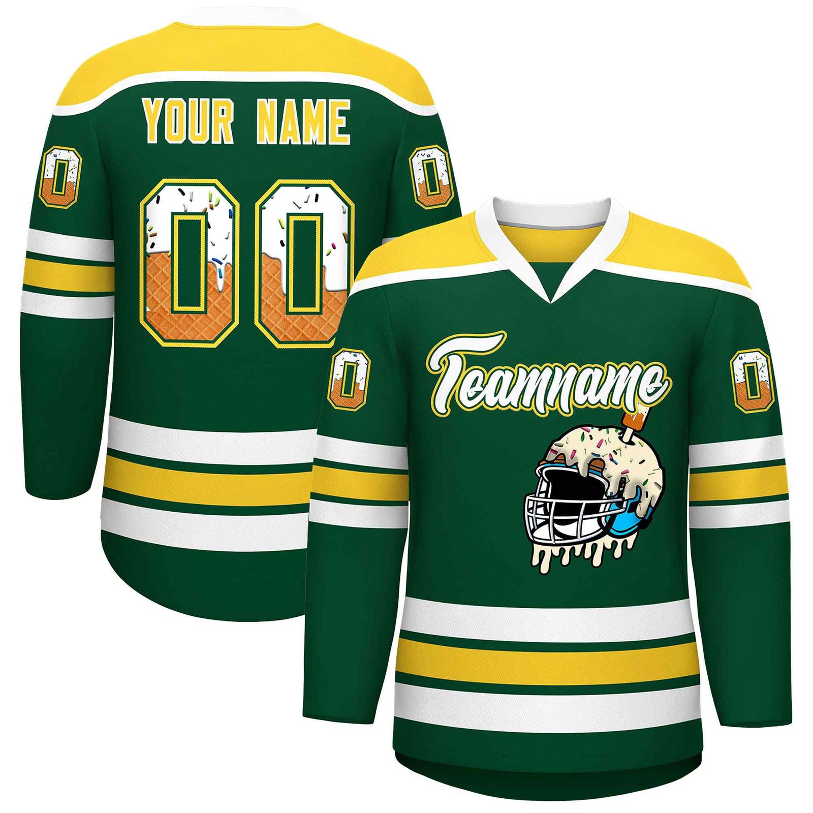 Custom Green Gold Ice Cream Helmet Pattern Personalized V-Neck Hockey Jersey