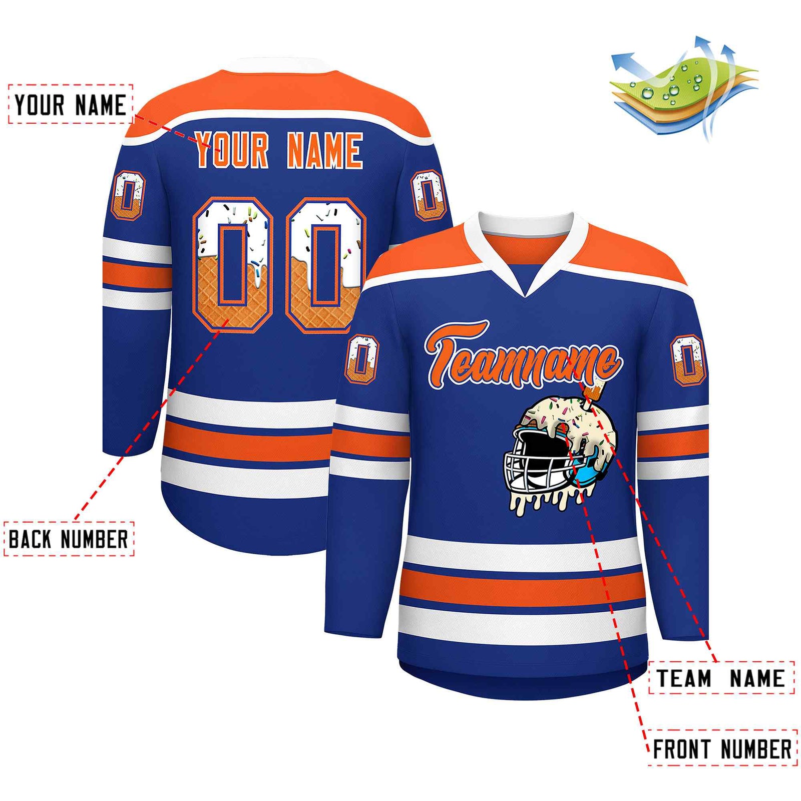 Custom Royal Blue Orange Ice Cream Helmet Pattern Personalized V-Neck Hockey Jersey