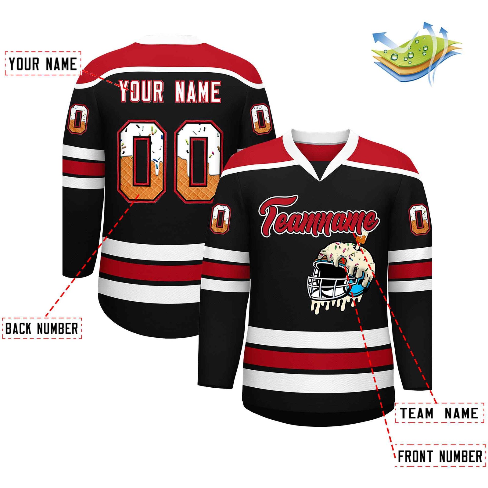 Custom Black Red Ice Cream Helmet Pattern Personalized V-Neck Hockey Jersey