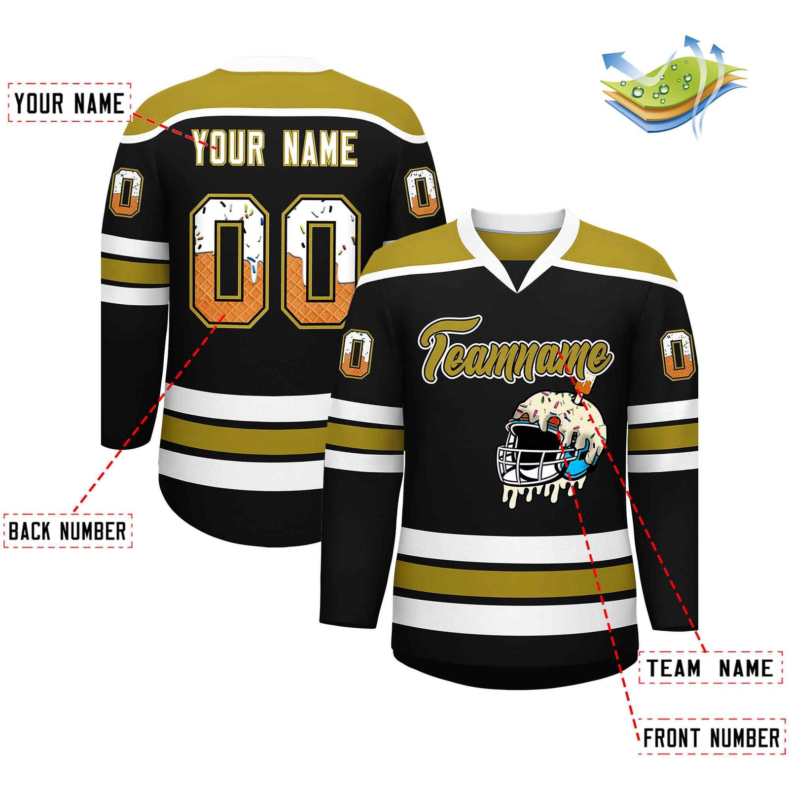 Custom Black Old Gold Ice Cream Helmet Pattern Personalized V-Neck Hockey Jersey