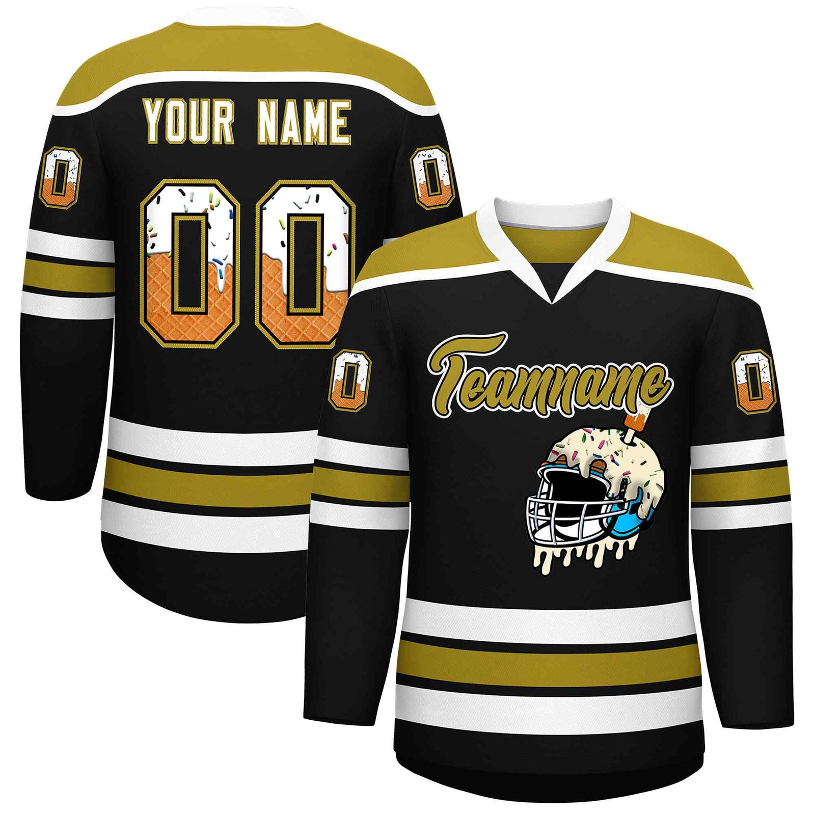 Custom Black Old Gold Ice Cream Helmet Pattern Personalized V-Neck Hockey Jersey