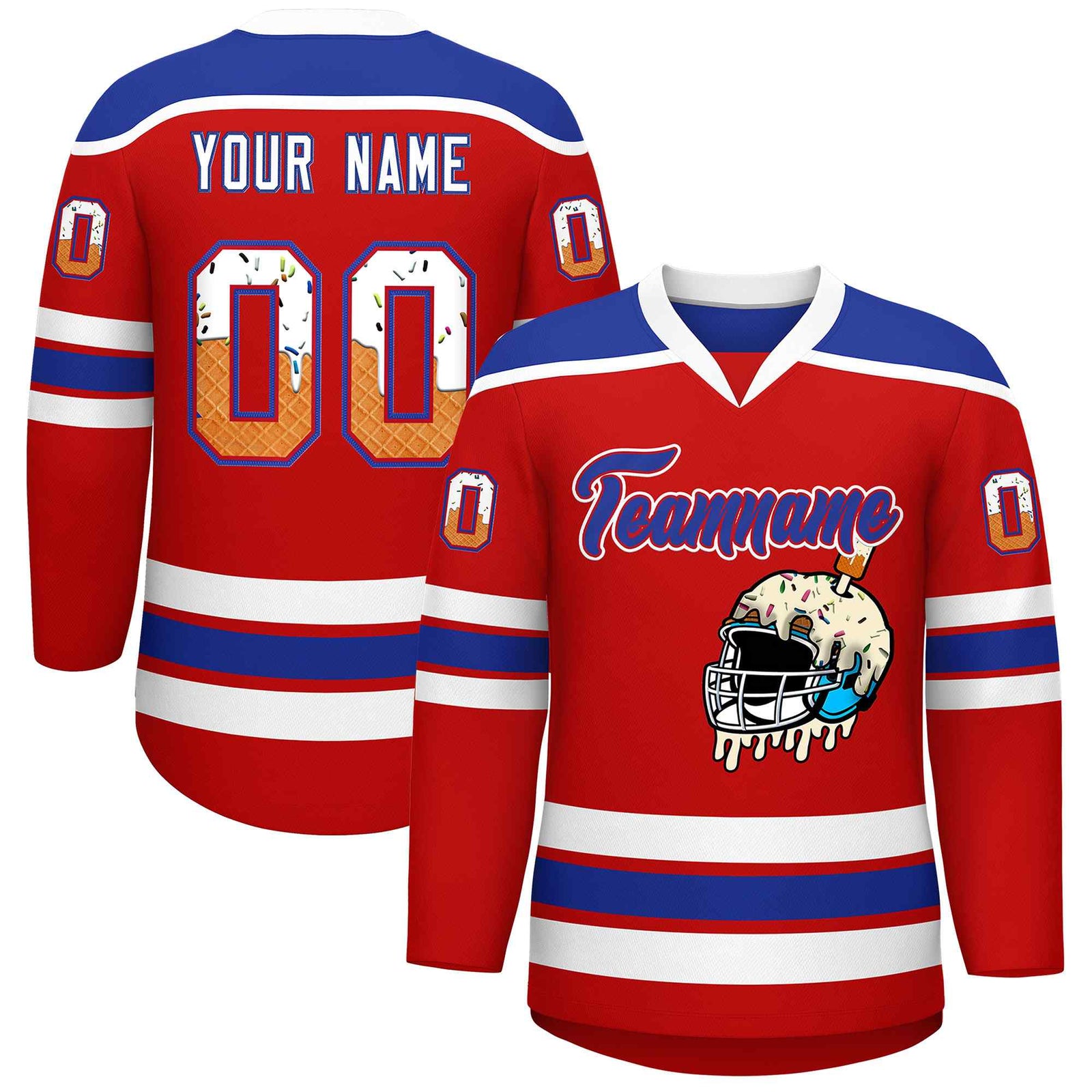 Custom Red Royal Blue Ice Cream Helmet Pattern Personalized V-Neck Hockey Jersey