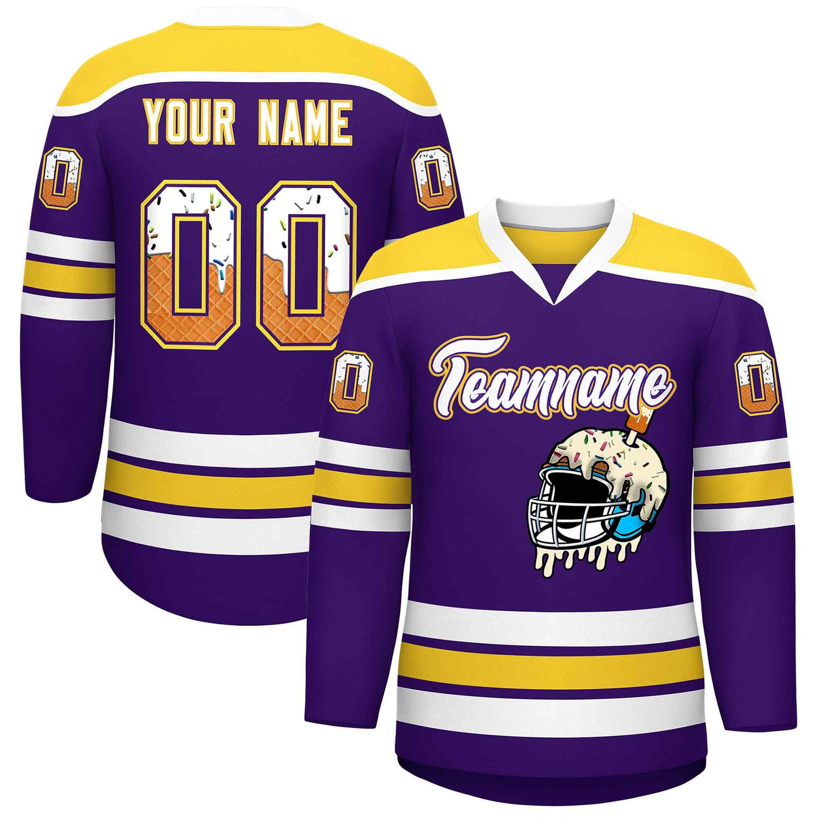 Custom Purple Gold Ice Cream Helmet Pattern Personalized V-Neck Hockey Jersey