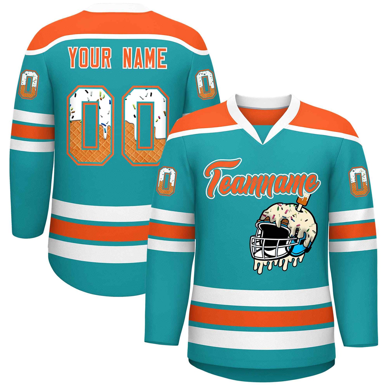 Custom Aqua Orange Ice Cream Helmet Pattern Personalized V-Neck Hockey Jersey