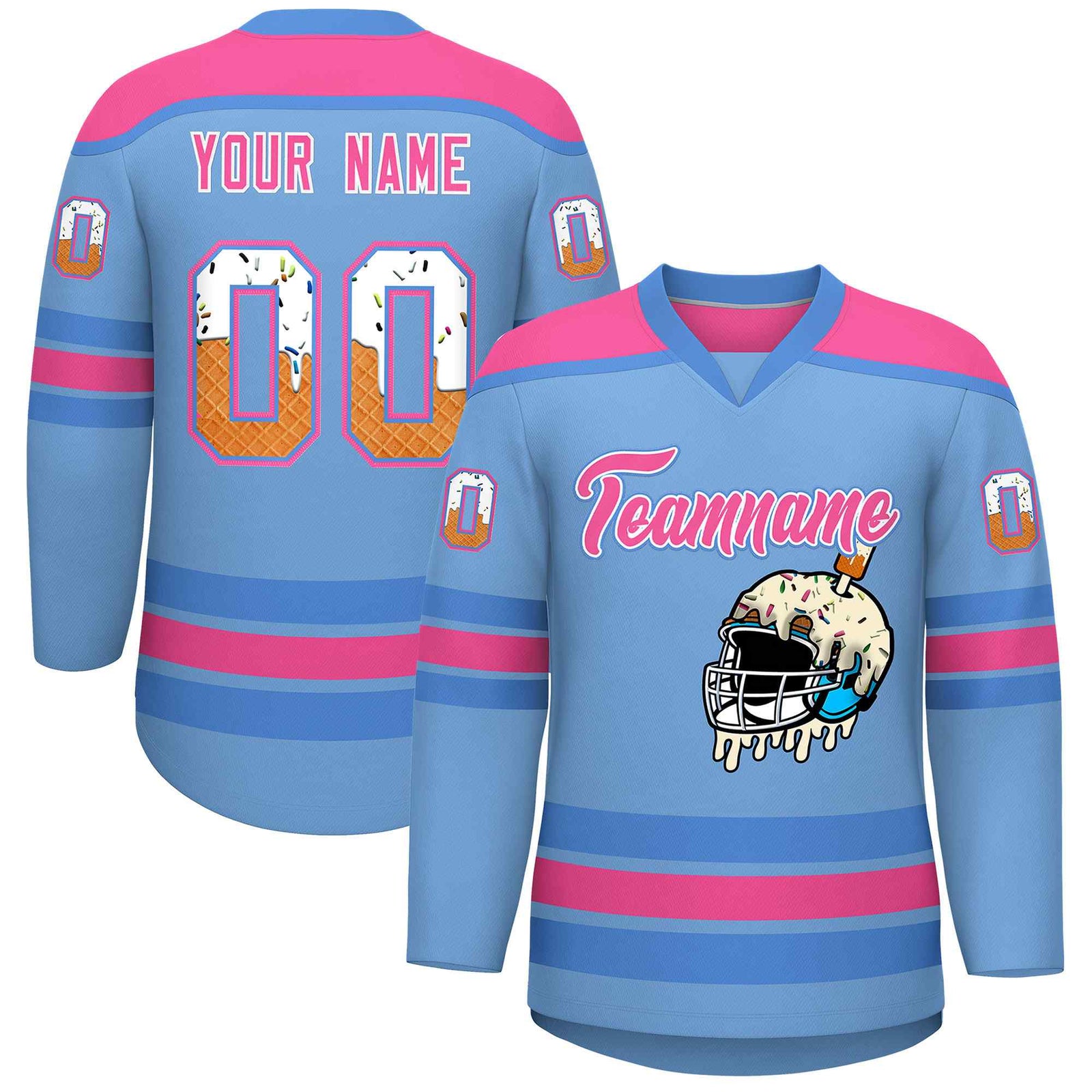 Custom Light Blue Pink Ice Cream Helmet Pattern Personalized V-Neck Hockey Jersey