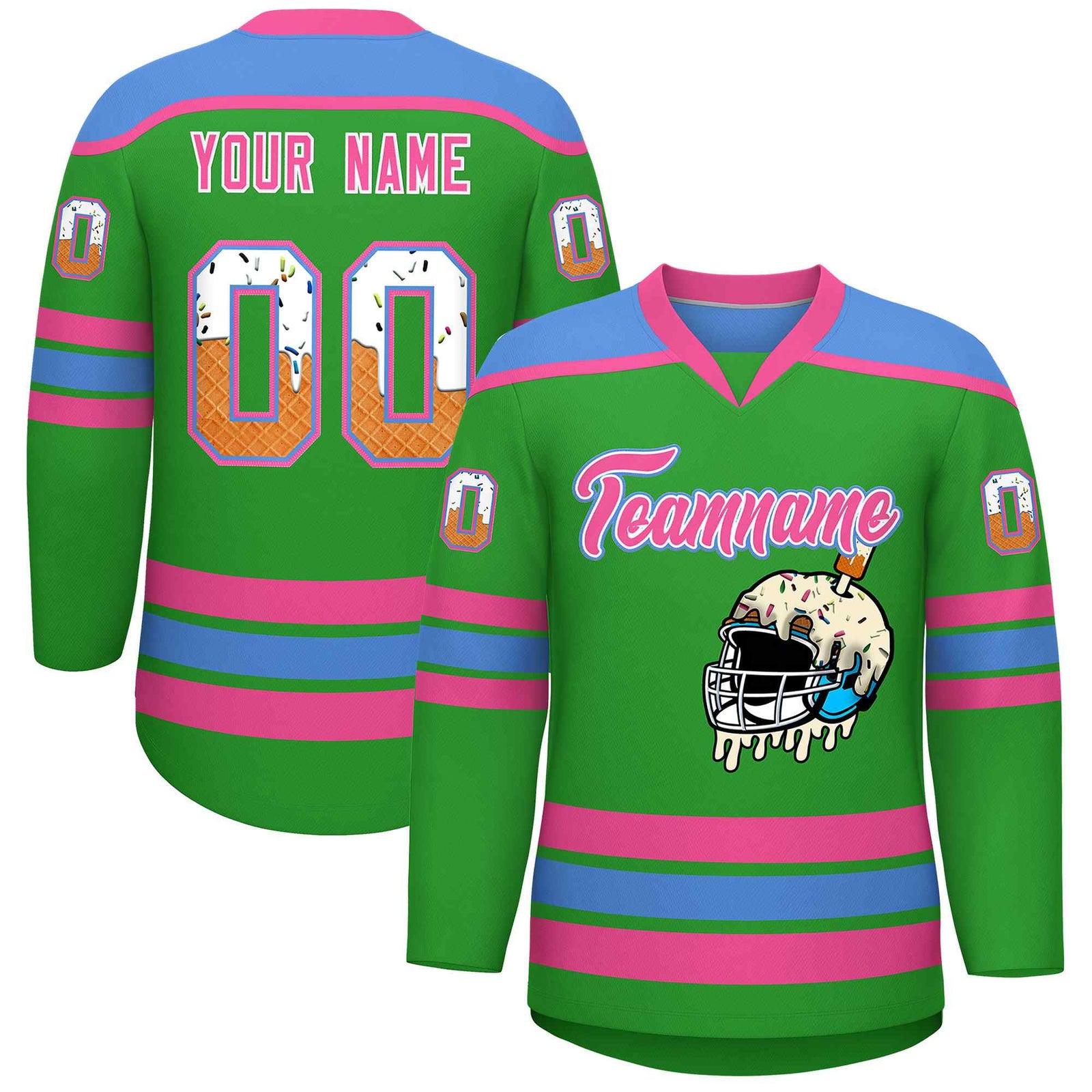 Custom Light Green Powder Blue Ice Cream Helmet Pattern Personalized V-Neck Hockey Jersey