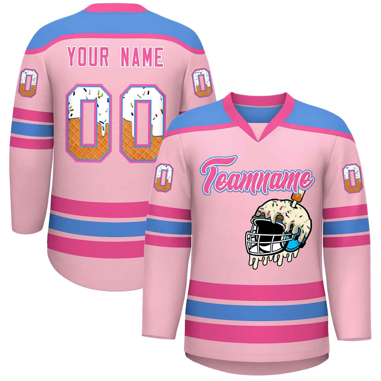 Custom Light Pink Powder Blue Ice Cream Helmet Pattern Personalized V-Neck Hockey Jersey