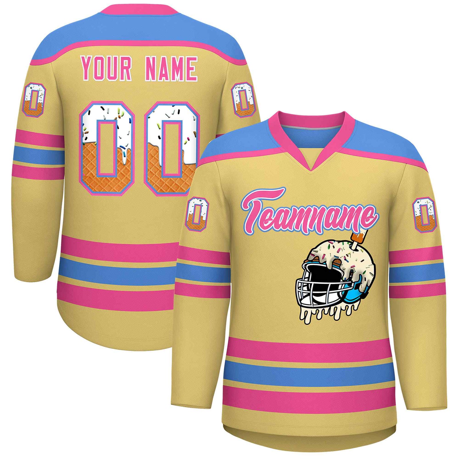 Custom Khaki Powder Blue Ice Cream Helmet Pattern Personalized V-Neck Hockey Jersey