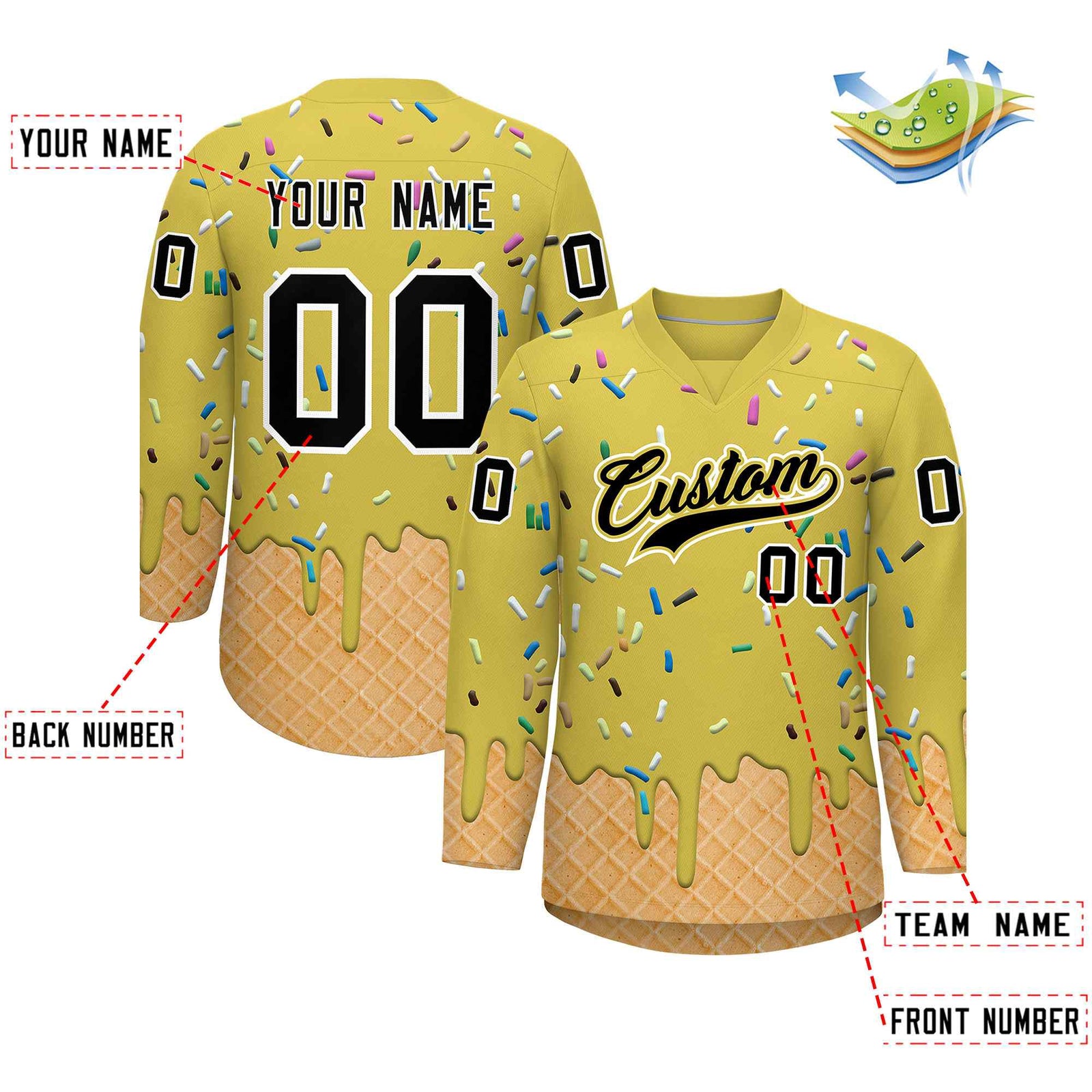 Custom Old Gold Black Ice Cream Pattern Personalized V-Neck Hockey Jersey