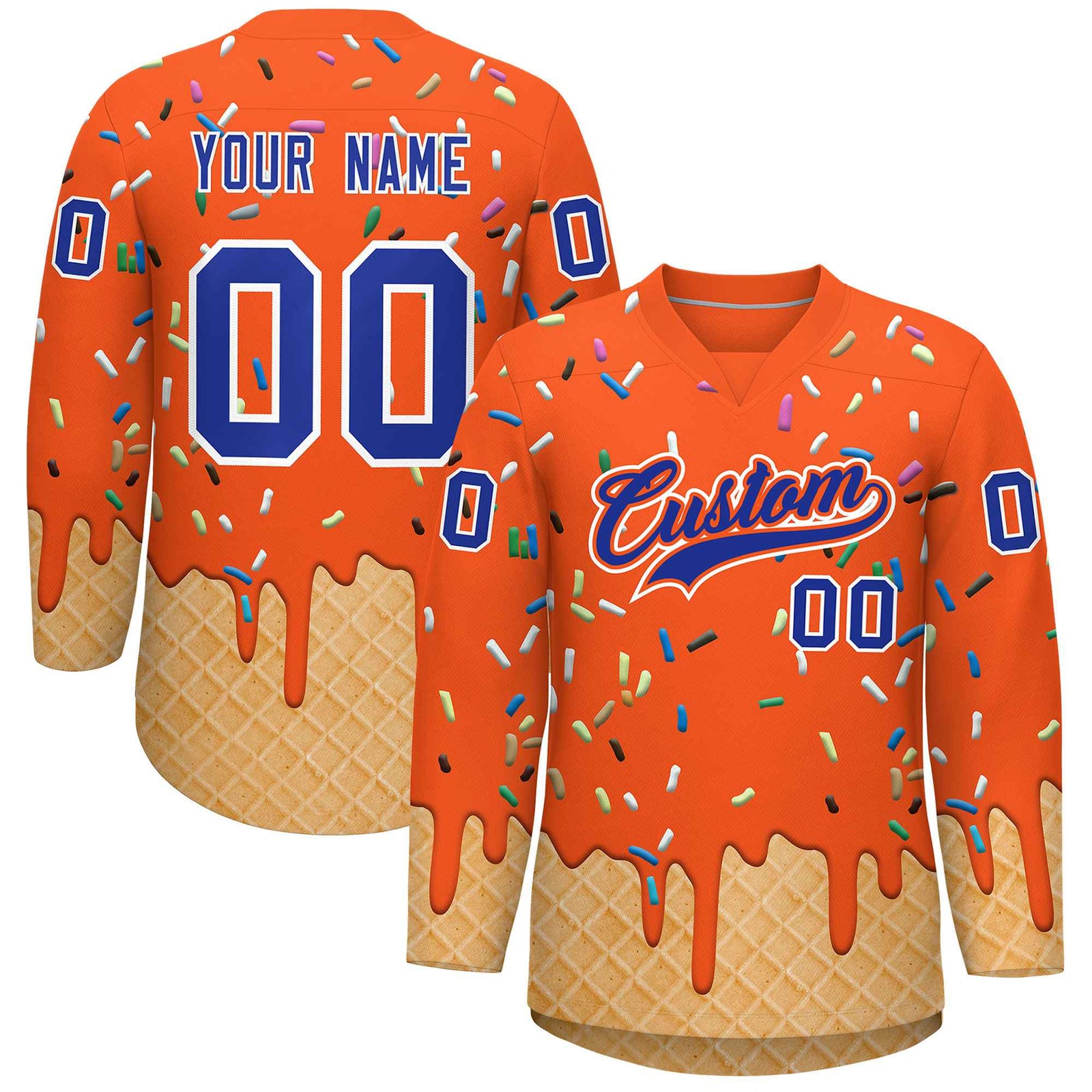 Custom Orange Royal Blue Ice Cream Pattern Personalized V-Neck Hockey Jersey