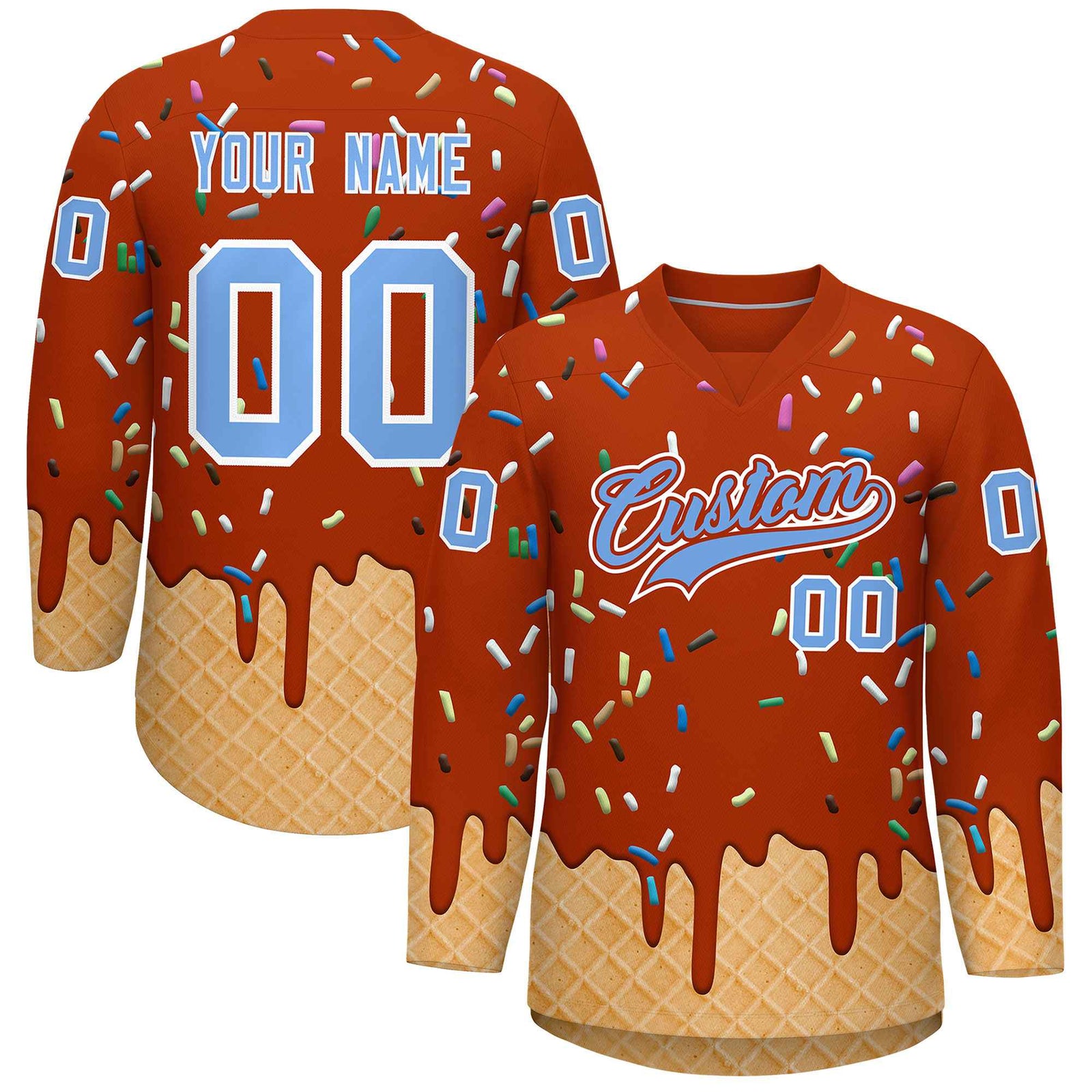 Custom Dark Orange Light Blue Ice Cream Pattern Personalized V-Neck Hockey Jersey