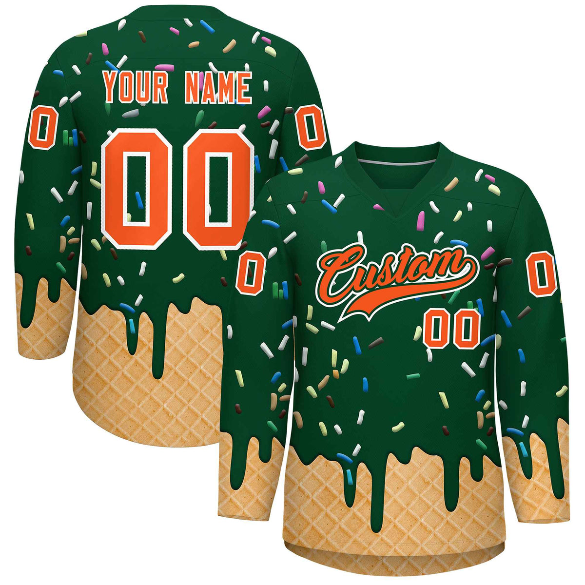 Custom Green Orange Ice Cream Pattern Personalized V-Neck Hockey Jersey
