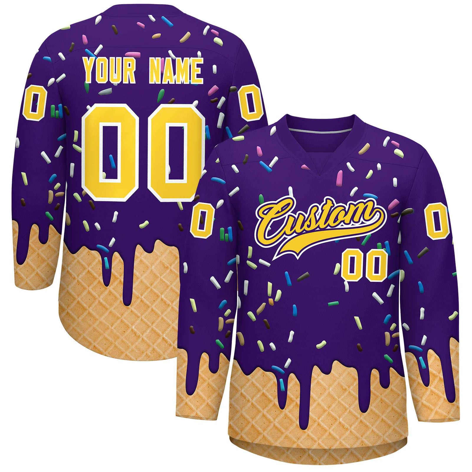 Custom Purple Gold Ice Cream Pattern Personalized V-Neck Hockey Jersey
