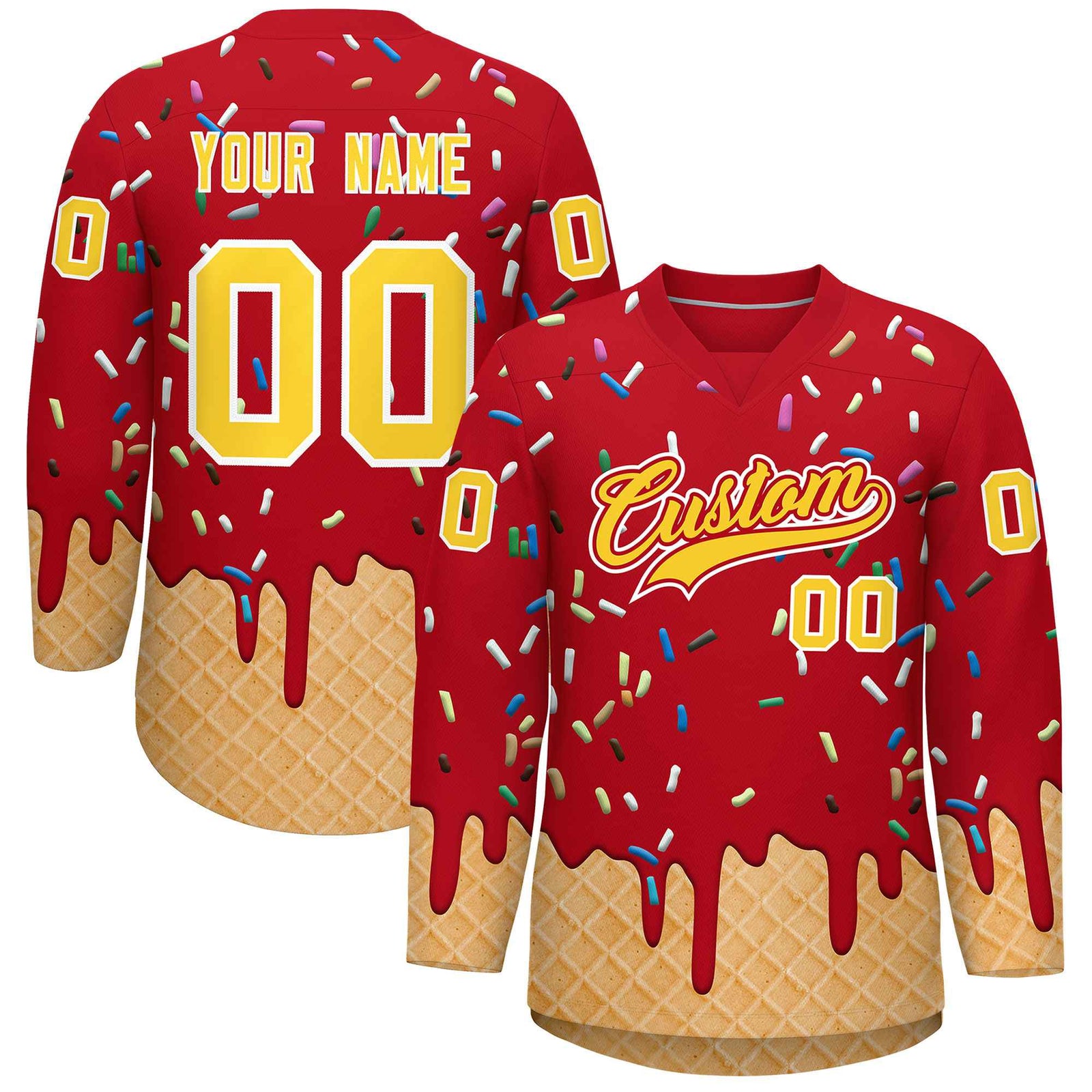 Custom Red Gold Ice Cream Pattern Personalized V-Neck Hockey Jersey
