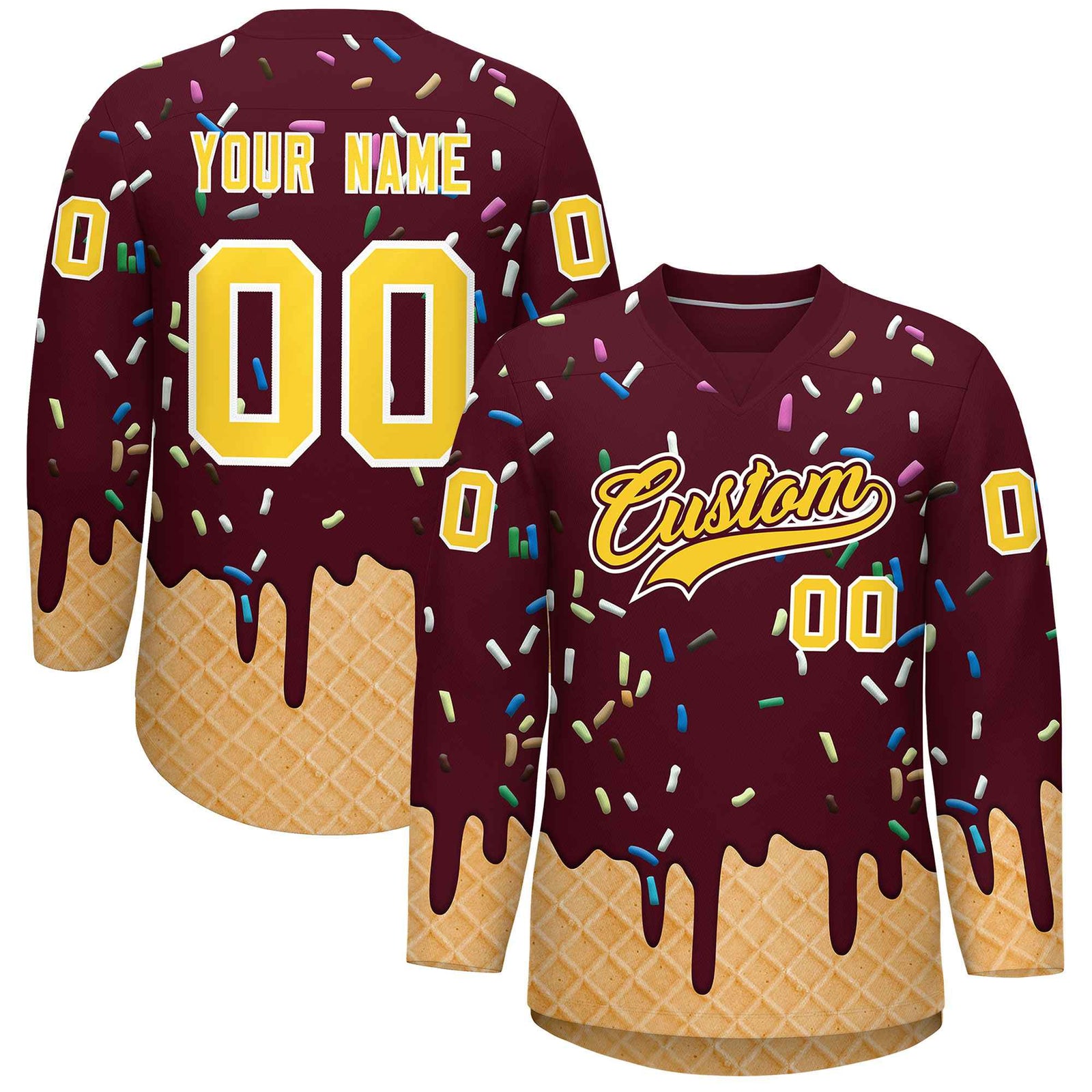 Custom Crimson Gold Ice Cream Pattern Personalized V-Neck Hockey Jersey