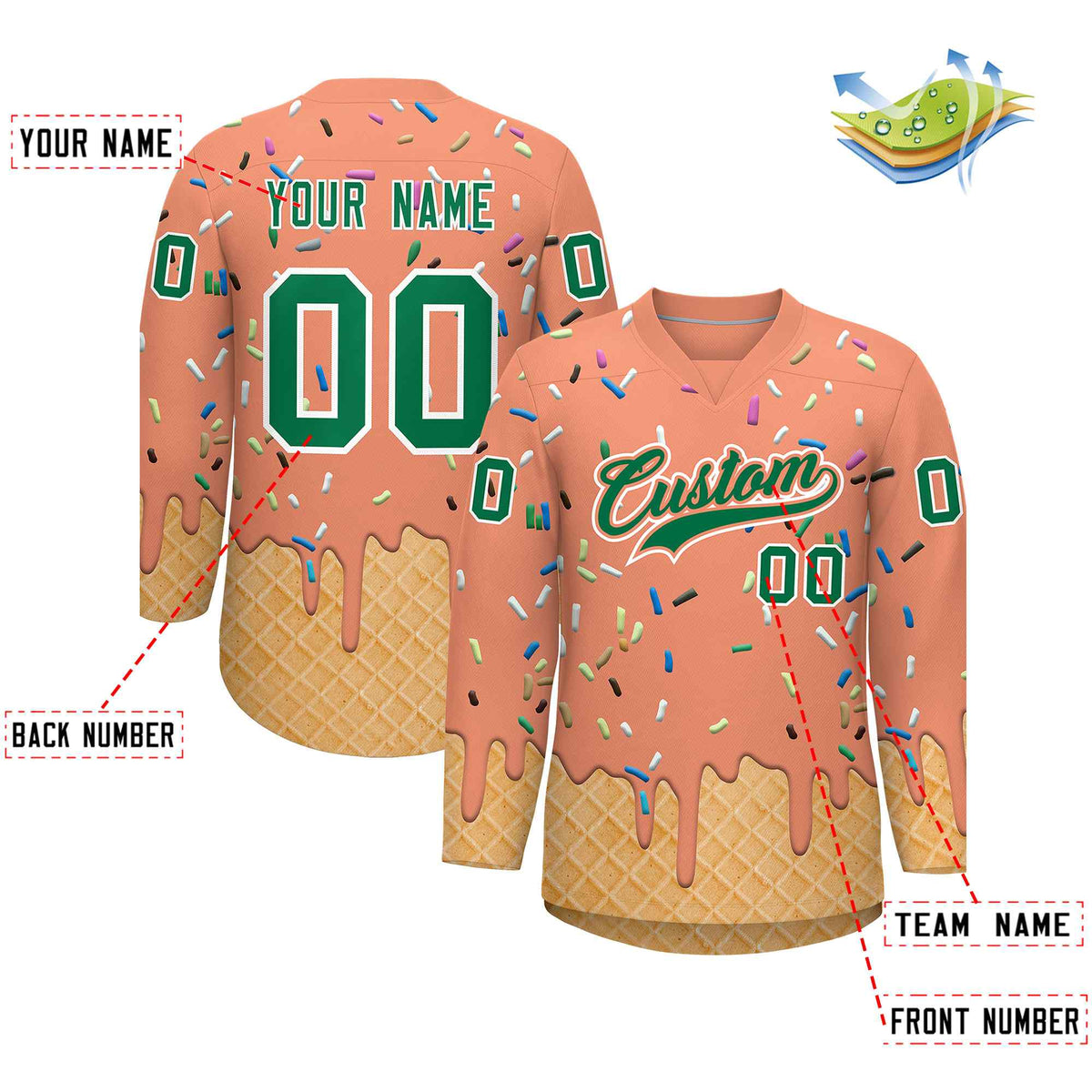 Custom Light Orange Kelly Green Ice Cream Pattern Personalized V-Neck Hockey Jersey