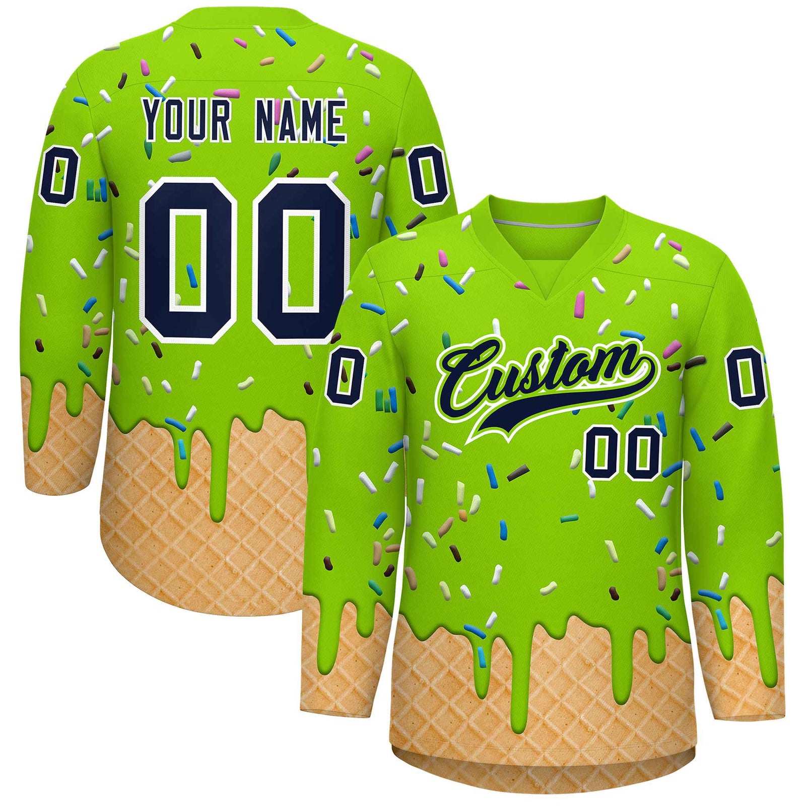 Custom Neon Green Navy Ice Cream Pattern Personalized V-Neck Hockey Jersey