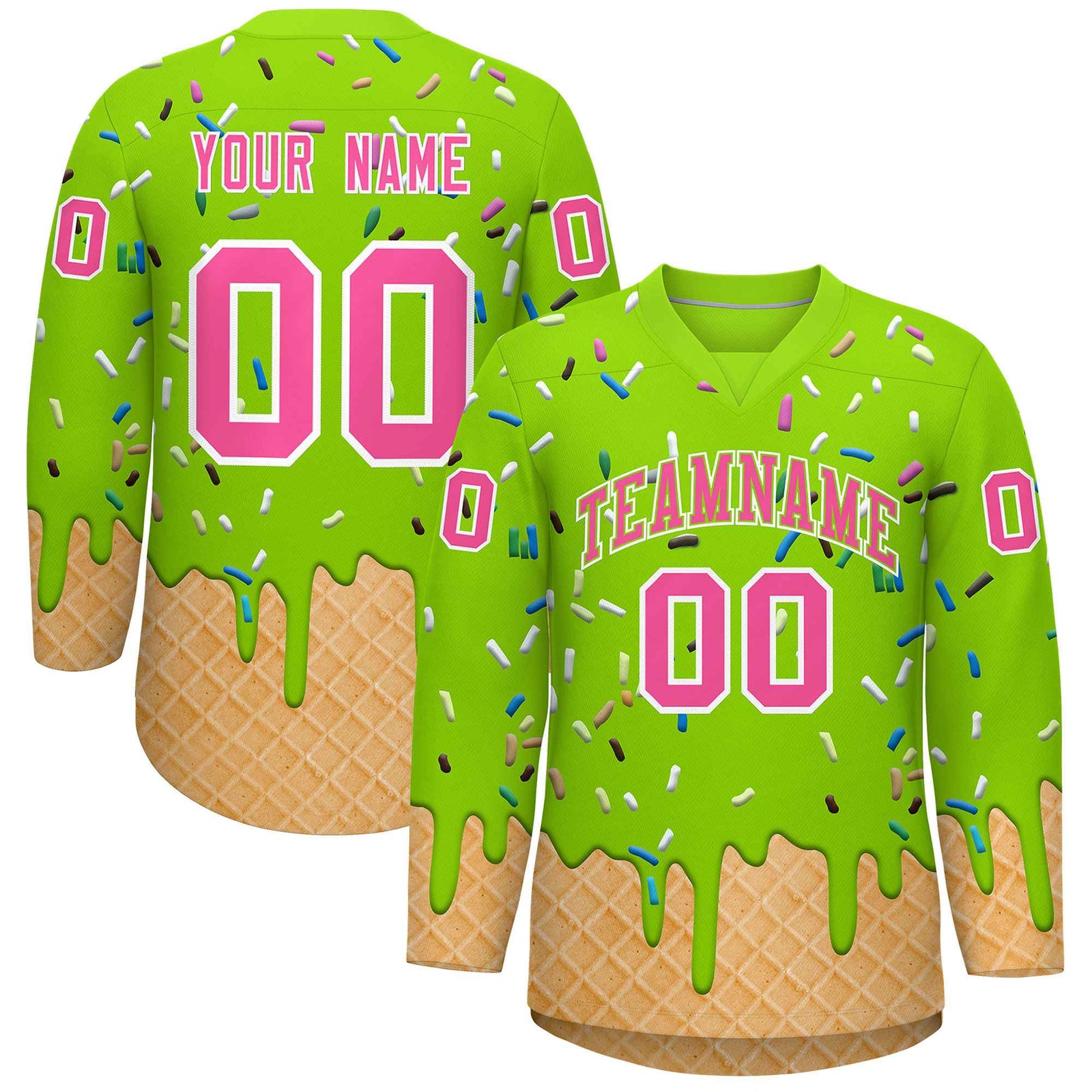 Custom Neon Green Pink Ice Cream Pattern Personalized V-Neck Hockey Jersey